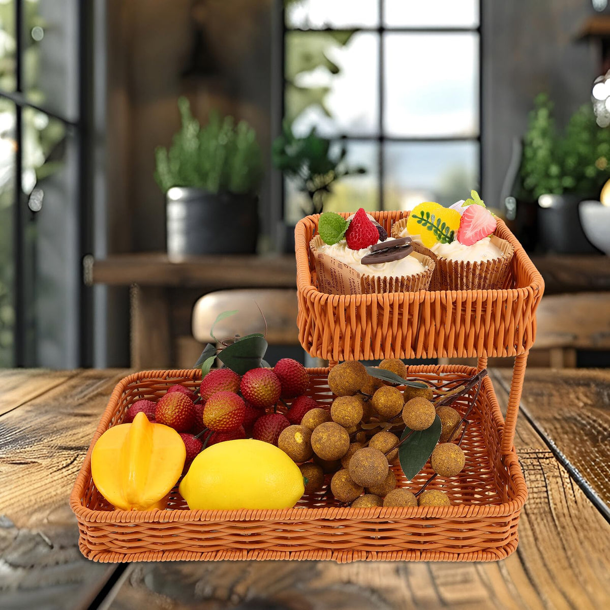 Two-Tier Woven Snack Basket Organizer – Decorative Storage Tray for Kitchen Countertop, Coffee Table, Bathroom Vanity, and Dining Room – Holds Fruit, Bread, Cosmetics, Jewelry, and Tea Sets – Rustic Brown Rattan-Look Home Decor Basket (Brown)