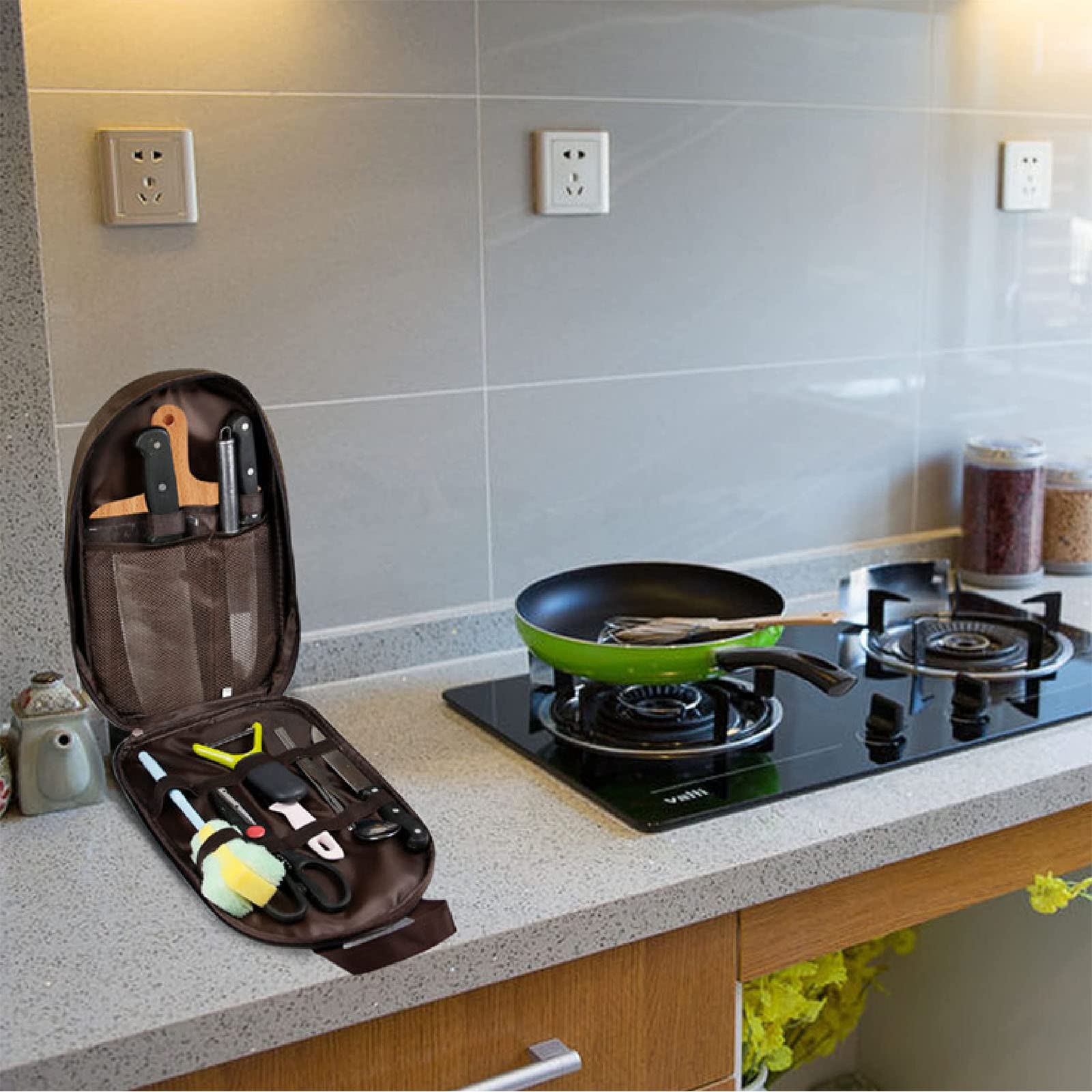 Multi-Functional Outdoor Kitchen Utensil Organizer – Durable Travel Storage Bag with Elastic Straps, Mesh Pockets & Carry Handle, Compact Size (Brown)