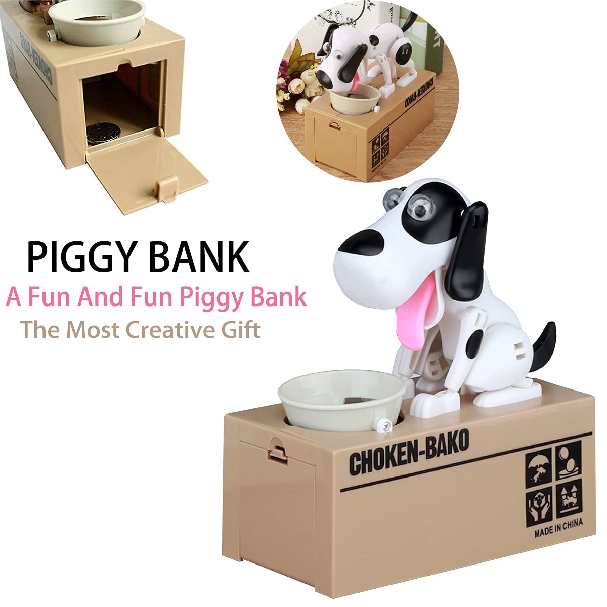 Interactive Dog Coin Bank – Automatic Electric Money Saving Piggy Bank with Moving Dog Design – Fun Kids Gift & Desk Decor (White)