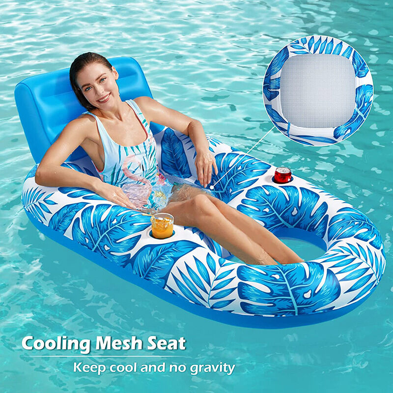 Inflatable Pool Lounger Float with Backrest & Cup Holders – U-Shaped Floating Chair for Pool, Lake, Beach (Blue)