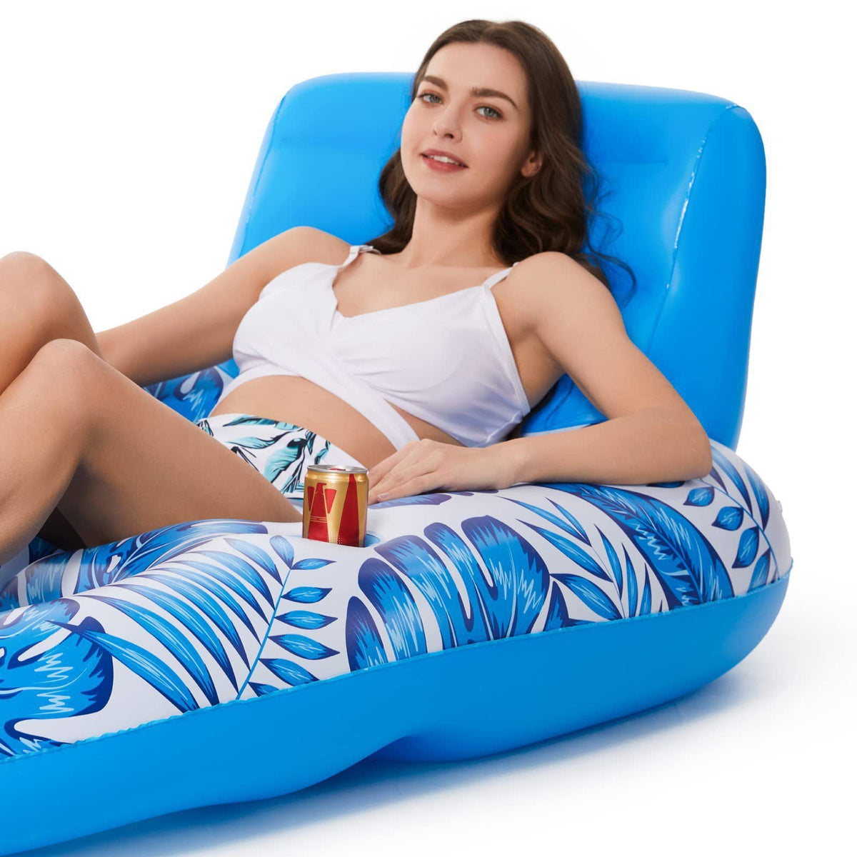 Inflatable Pool Lounger Float with Backrest & Cup Holders – U-Shaped Floating Chair for Pool, Lake, Beach (Blue)