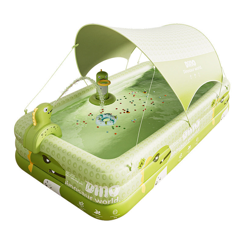 Inflatable Swimming Pool 260×160×56cm with Canopy &amp; Dinosaur Spray – Kids Outdoor Water Play Set for Backyard, Garden, Summer Fun (Green)