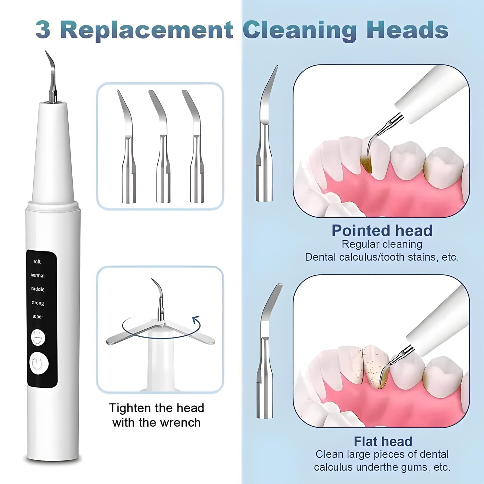 High-End Ultrasonic Tooth Cleaner with LED Light & Smart Gum Protection – 5 Modes, IPX7 Waterproof, Rechargeable, 3 Replacement Tips (White)