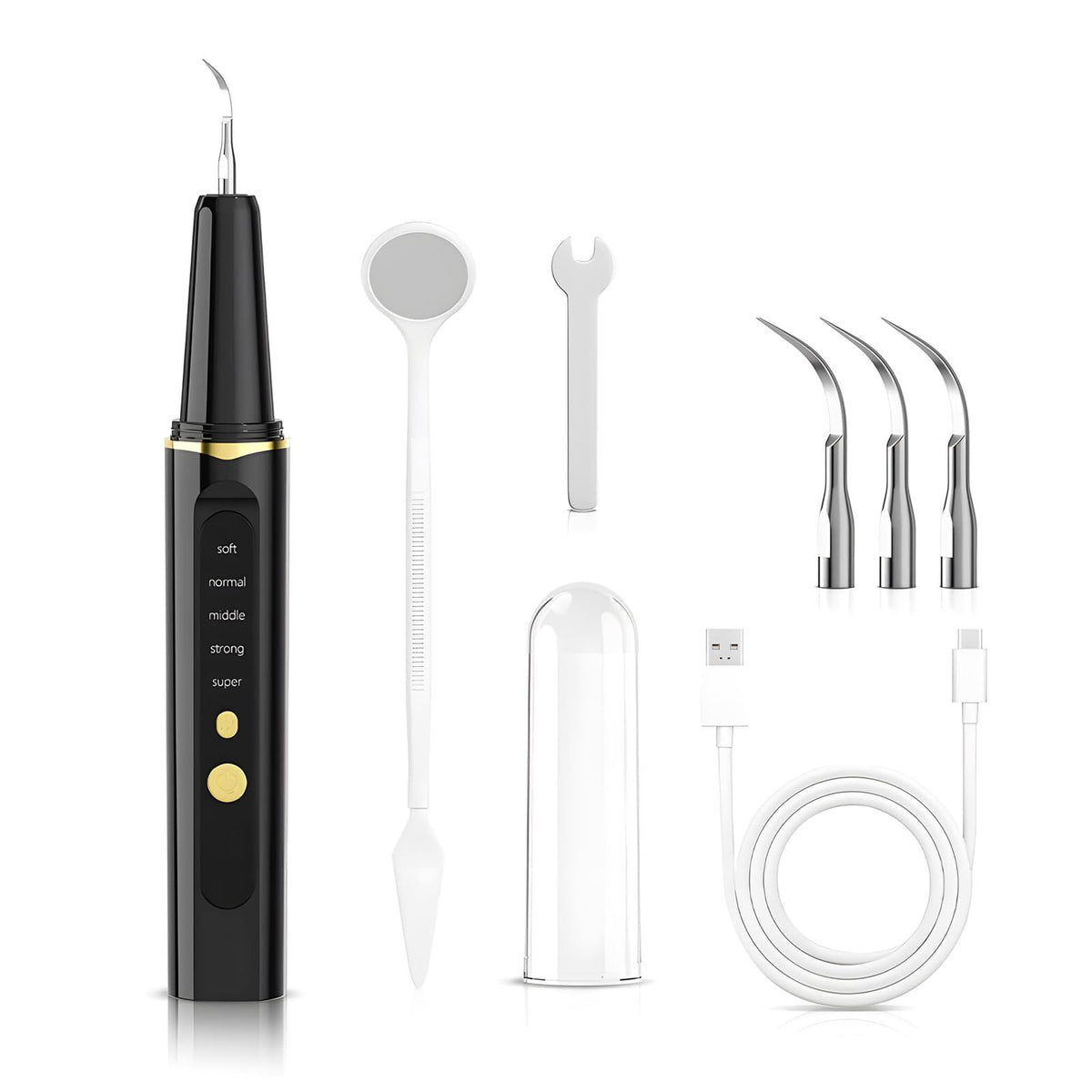 High-End Ultrasonic Tooth Cleaner with LED Light &amp; Smart Gum Protection – 5 Modes, IPX7 Waterproof, Rechargeable, 3 Replacement Tips (Black)