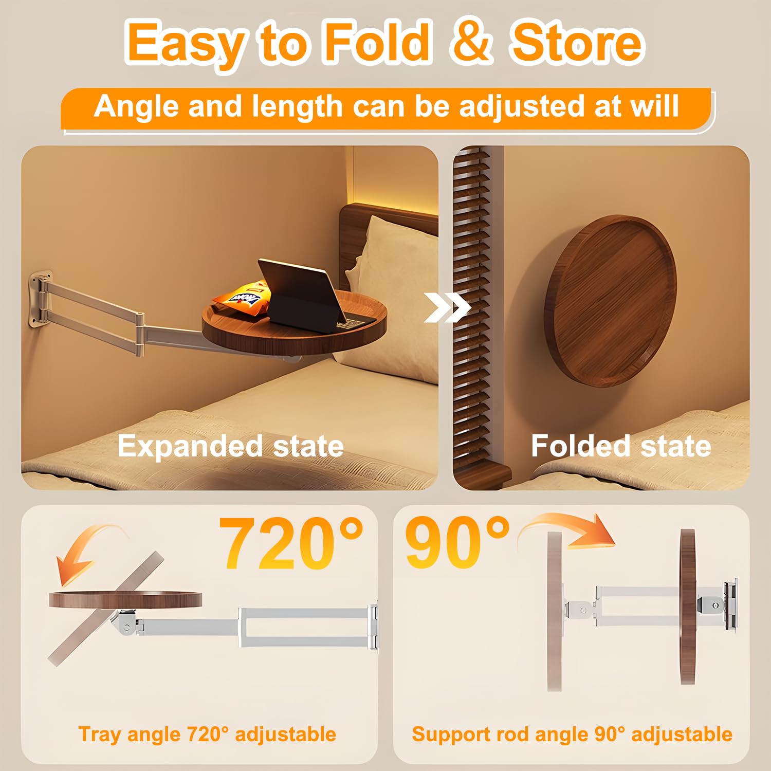 Wall-Mounted Foldable Round Table – Telescopic Adjustable Bedside Desk with Aluminum Alloy Support, Multi-Use Floating Table for Bedroom, Living Room, Balcony (Walnut)