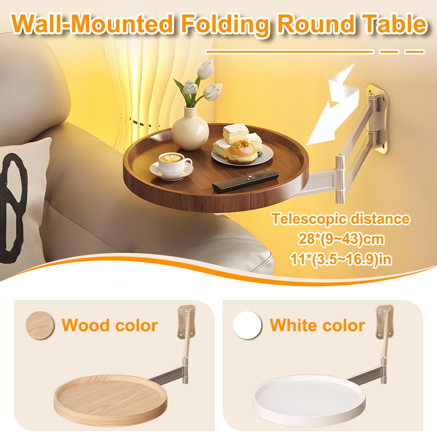 Wall-Mounted Foldable Round Table – Telescopic Adjustable Bedside Desk with Aluminum Alloy Support, Multi-Use Floating Table for Bedroom, Living Room, Balcony (Original Wood)