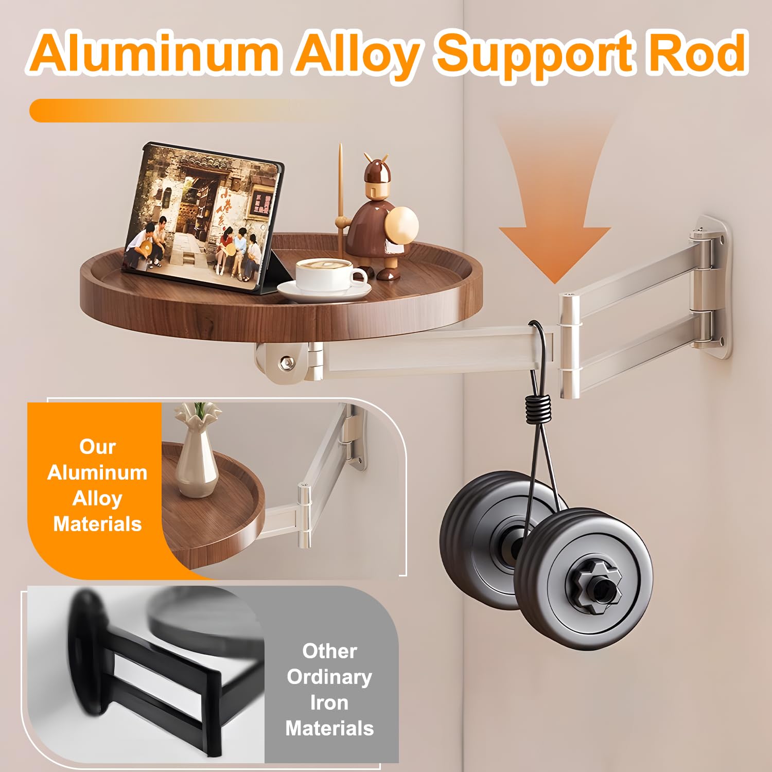 Wall-Mounted Foldable Round Table – Telescopic Adjustable Bedside Desk with Aluminum Alloy Support, Multi-Use Floating Table for Bedroom, Living Room, Balcony (Original Wood)