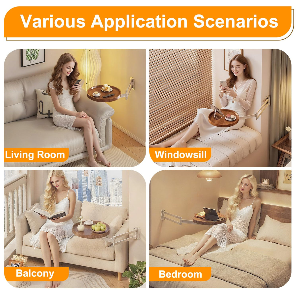 Wall-Mounted Foldable Round Table – Telescopic Adjustable Bedside Desk with Aluminum Alloy Support, Multi-Use Floating Table for Bedroom, Living Room, Balcony (Original Wood)