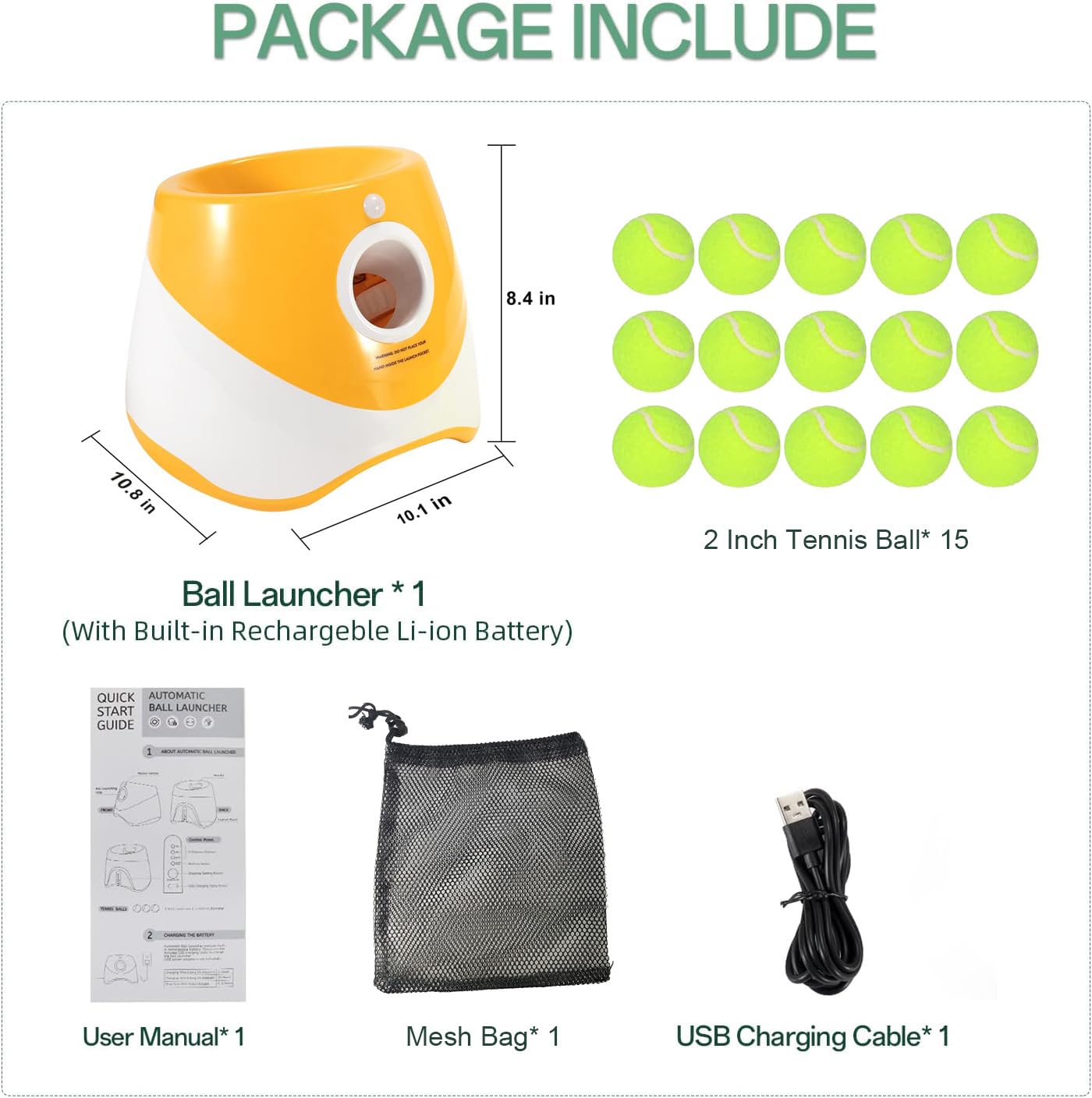 Automatic Dog Ball Launcher with 15 Mini Tennis Balls & Mesh Bag – Rechargeable Pet Toy for Small Dogs, Adjustable Launch Distance, Interactive Play (Orange)