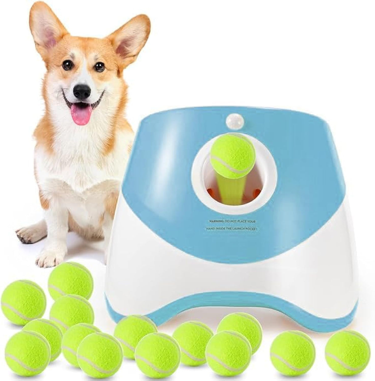 Automatic Dog Ball Launcher with 15 Mini Tennis Balls &amp; Mesh Bag – Rechargeable Pet Toy for Small Dogs, Adjustable Launch Distance, Interactive Play (Blue)