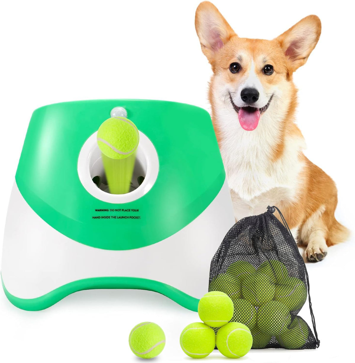 Automatic Dog Ball Launcher with 15 Mini Tennis Balls &amp; Mesh Bag – Rechargeable Pet Toy for Small Dogs, Adjustable Launch Distance, Interactive Play (Green)