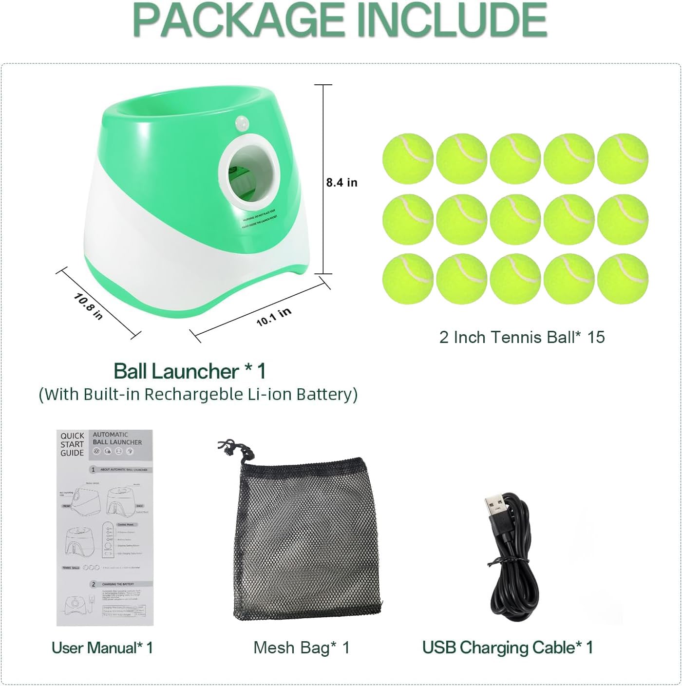Automatic Dog Ball Launcher with 15 Mini Tennis Balls & Mesh Bag – Rechargeable Pet Toy for Small Dogs, Adjustable Launch Distance, Interactive Play (Green)