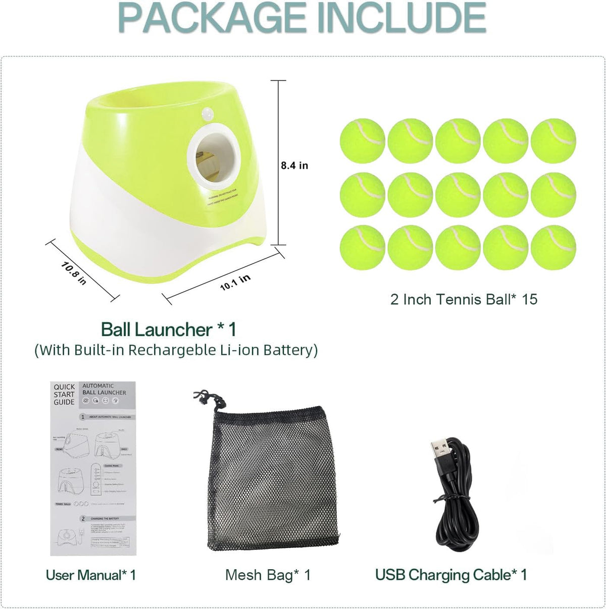 Automatic Dog Ball Launcher with 15 Mini Tennis Balls & Mesh Bag – Rechargeable Pet Toy for Small Dogs, Adjustable Launch Distance, Interactive Play (Light Green)