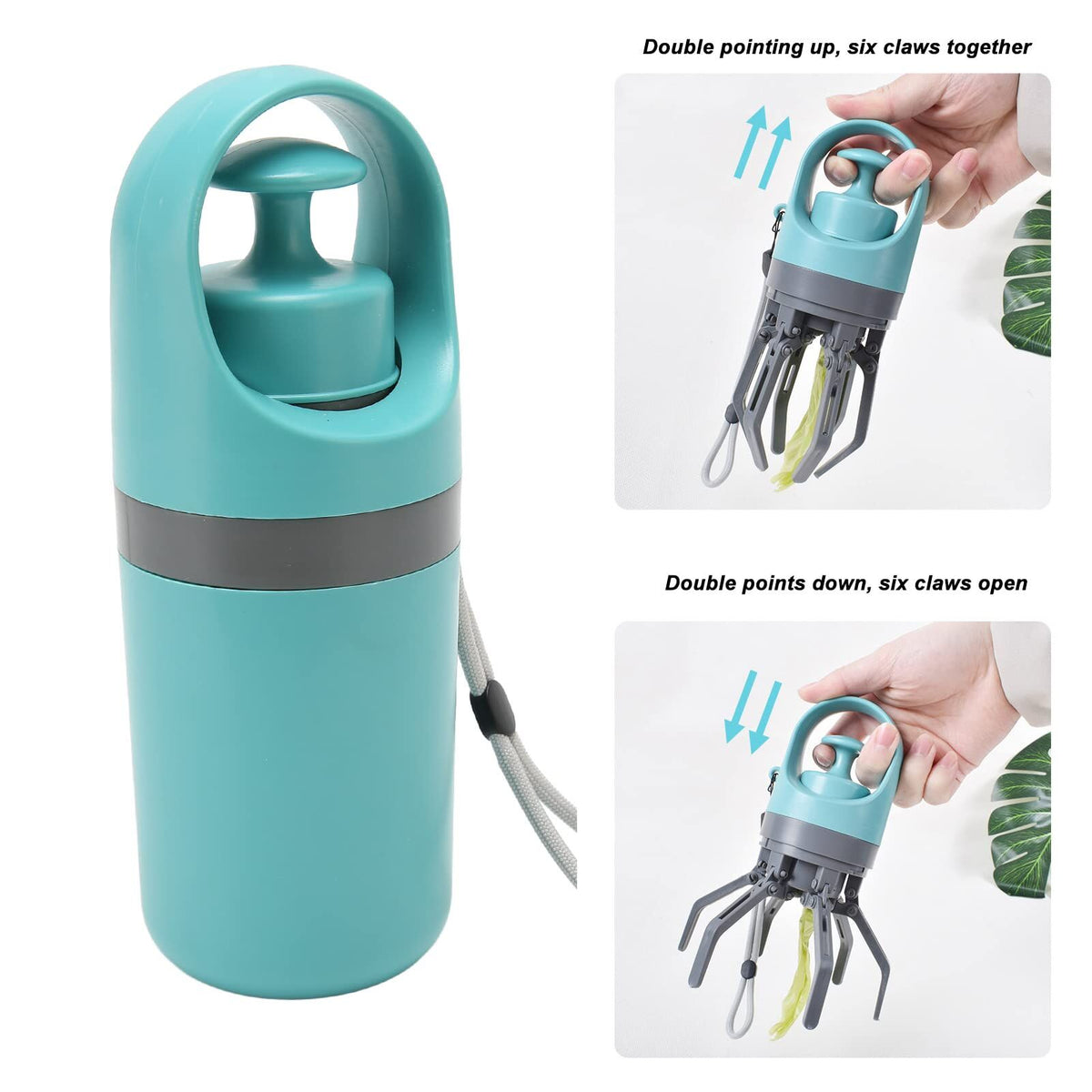 Zero-Contact Dog Poop Scooper with 6-Claw Mechanism & Built-in Bag Dispenser – Lightweight Pet Waste Picker for Outdoor Walks (Teal Blue)