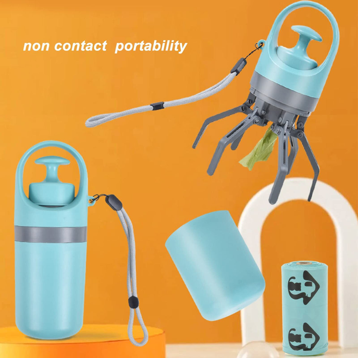 Zero-Contact Dog Poop Scooper with 6-Claw Mechanism & Built-in Bag Dispenser – Lightweight Pet Waste Picker for Outdoor Walks (Teal Blue)