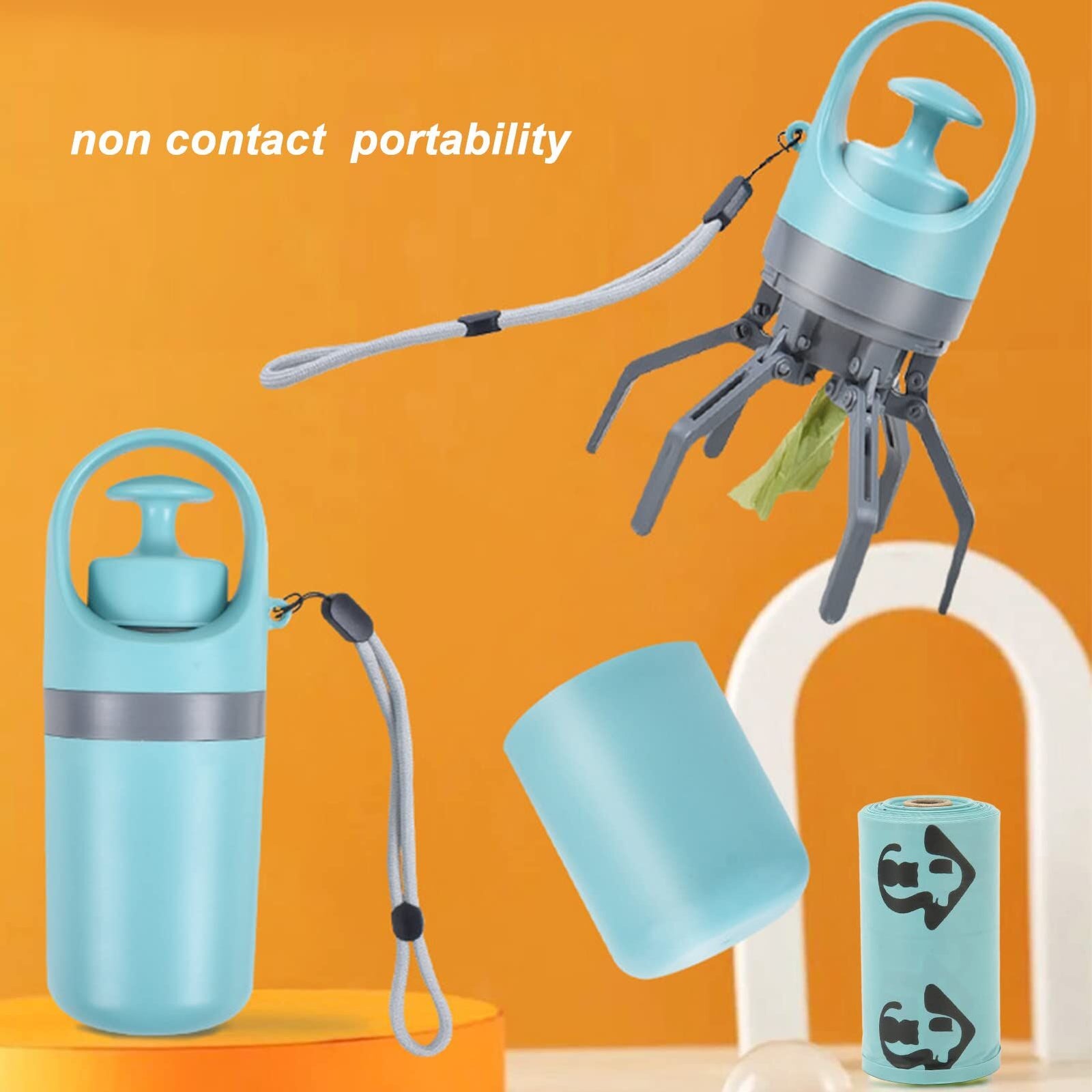 Zero-Contact Dog Poop Scooper with 6-Claw Mechanism & Built-in Bag Dispenser – Lightweight Pet Waste Picker for Outdoor Walks (Teal Blue)