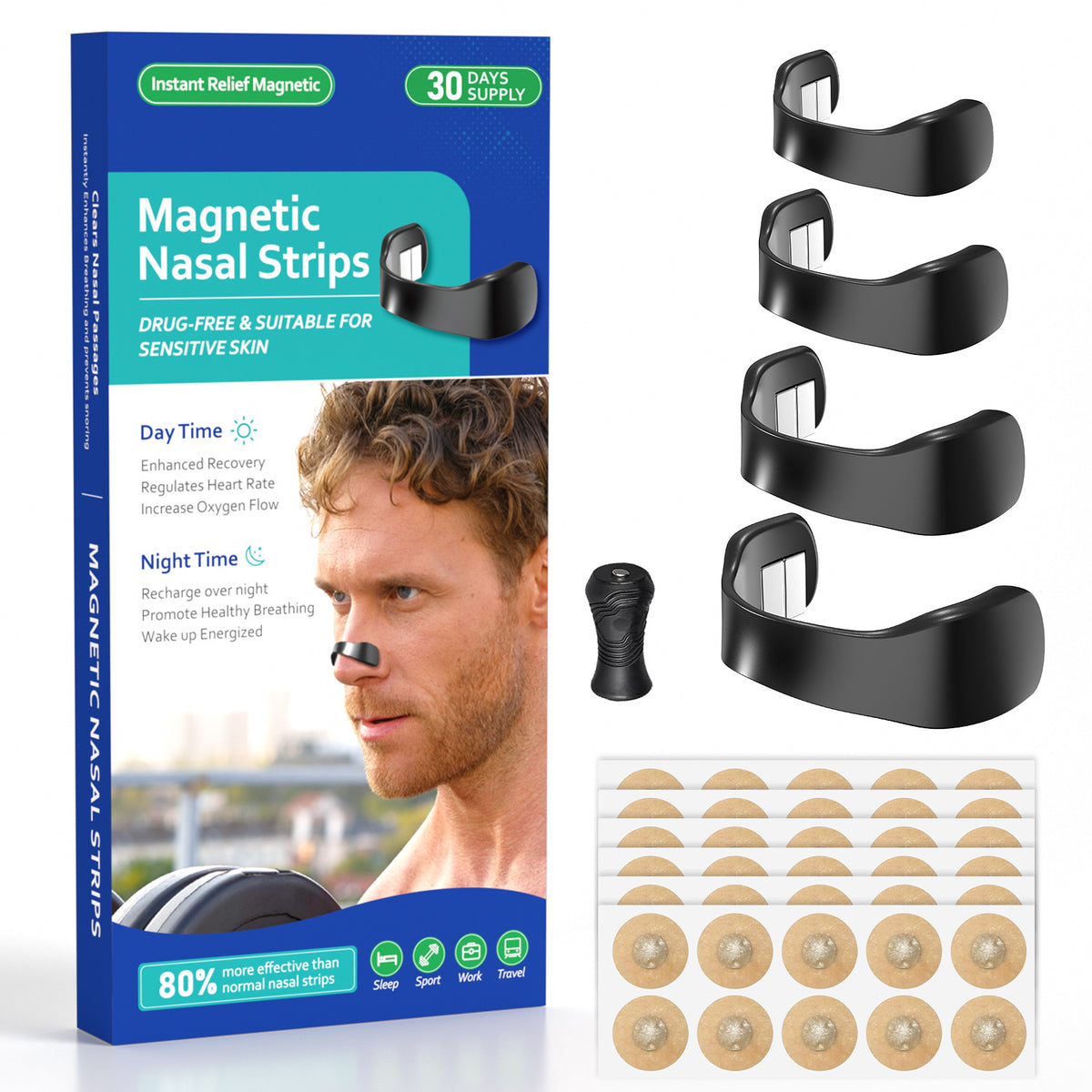 Black Magnetic Nasal Strips Kit (30-Day Supply): Breath Support with Reusable Bands &amp; Adhesive Tabs – Enhance Oxygen Flow, Reduce Snoring, Improve Sleep
