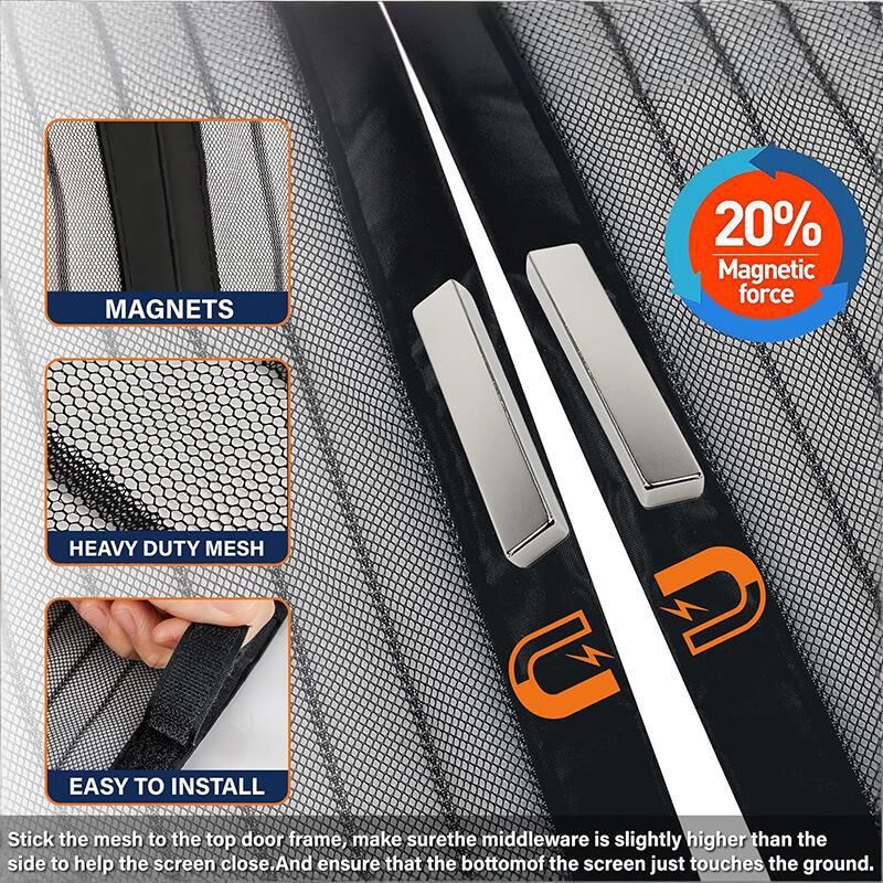 Magnetic Screen Door 100cm x 210cm – Self-Adhesive Mesh Netting for Mosquito & Wasp Protection, Indoor Outdoor Use, (Black,L)