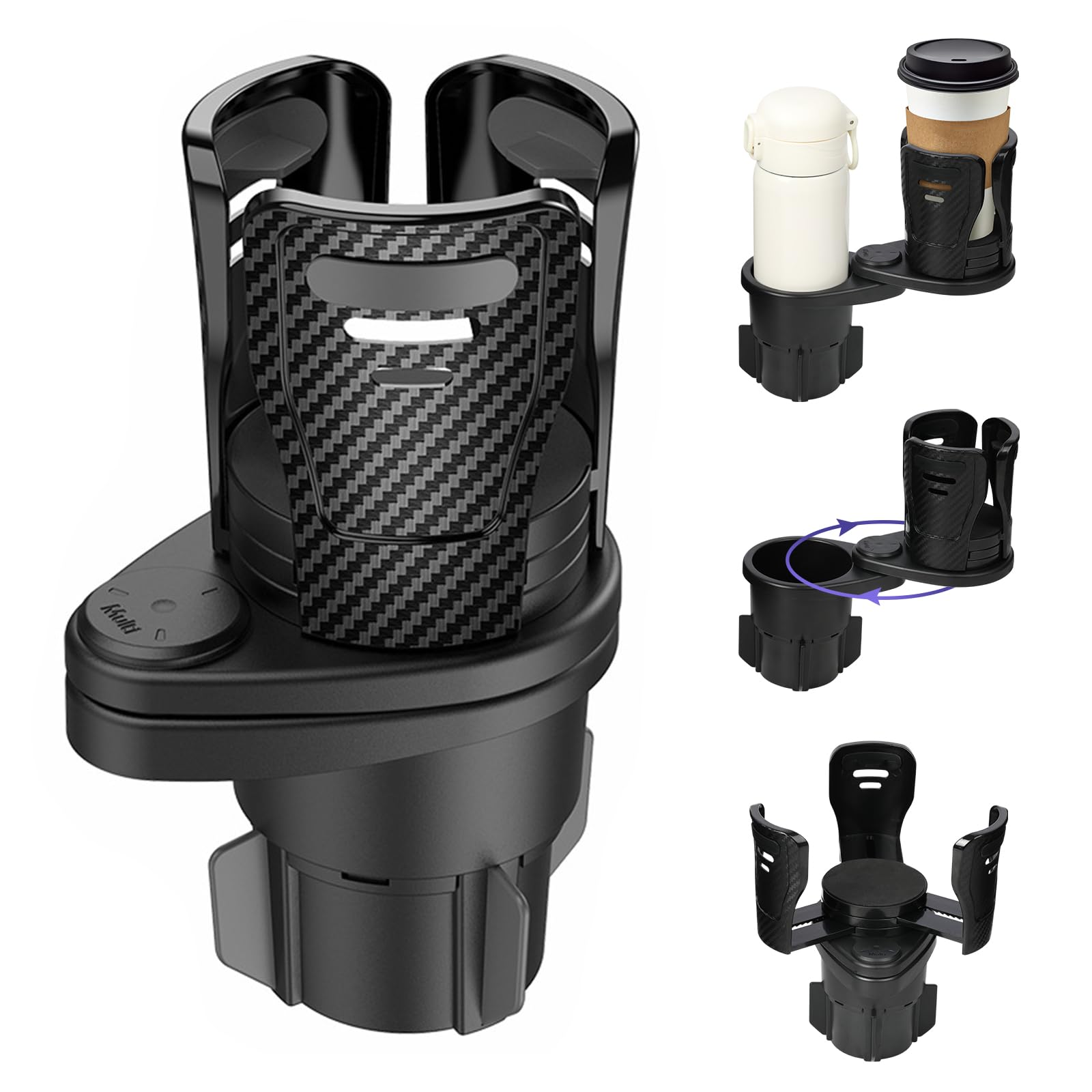Dual Cup Holder Expander with 360° Rotating Tray – Adjustable Drink & Snack Organizer for Cars, Trucks, SUVs and RVs (Black)