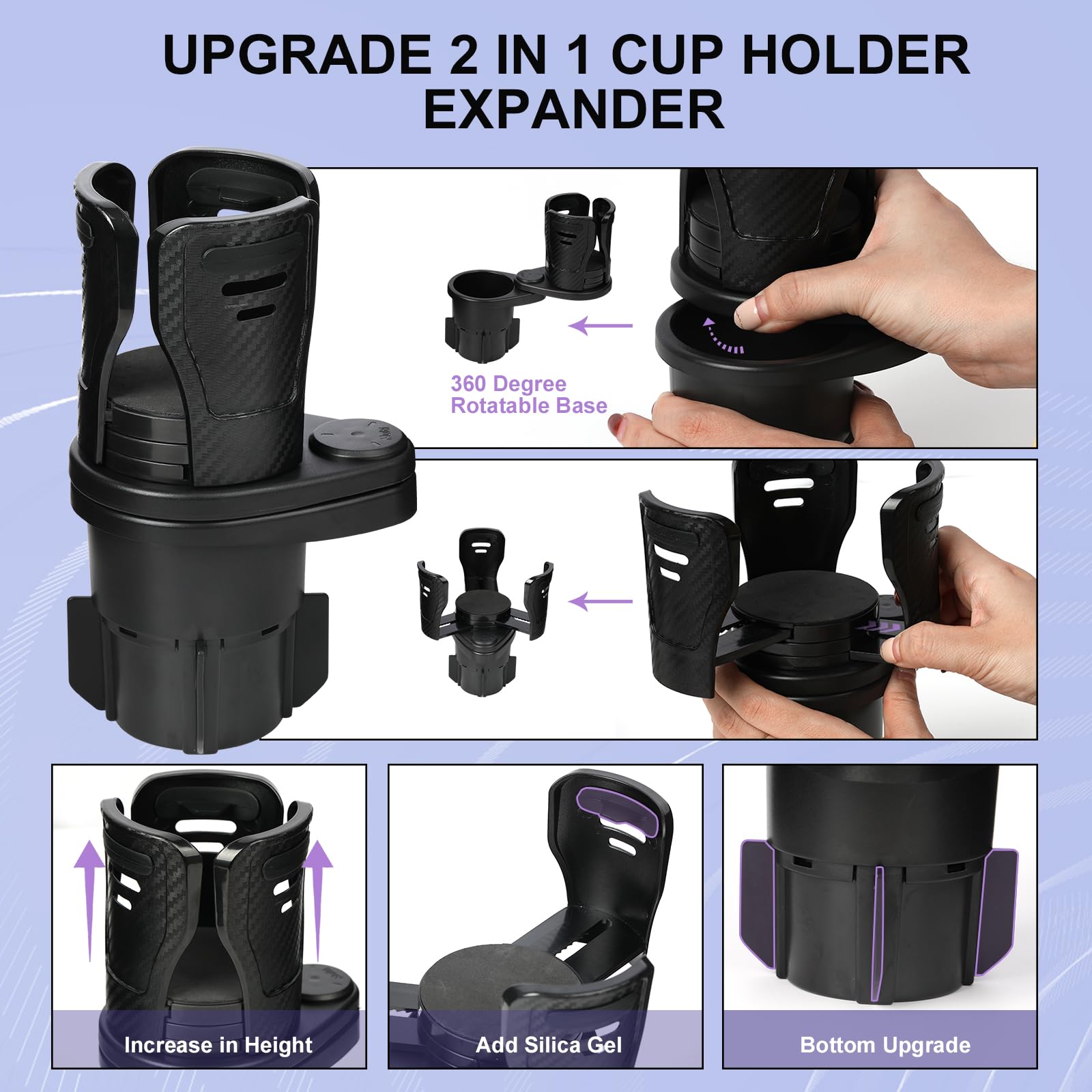 Dual Cup Holder Expander with 360° Rotating Tray – Adjustable Drink & Snack Organizer for Cars, Trucks, SUVs and RVs (Black)