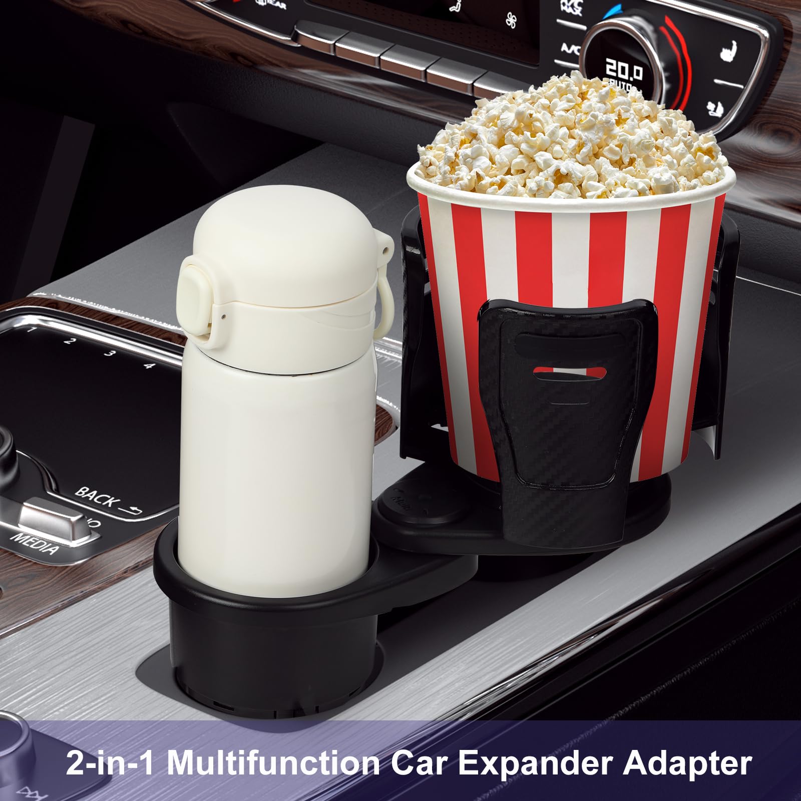 Dual Cup Holder Expander with 360° Rotating Tray – Adjustable Drink & Snack Organizer for Cars, Trucks, SUVs and RVs (Black)