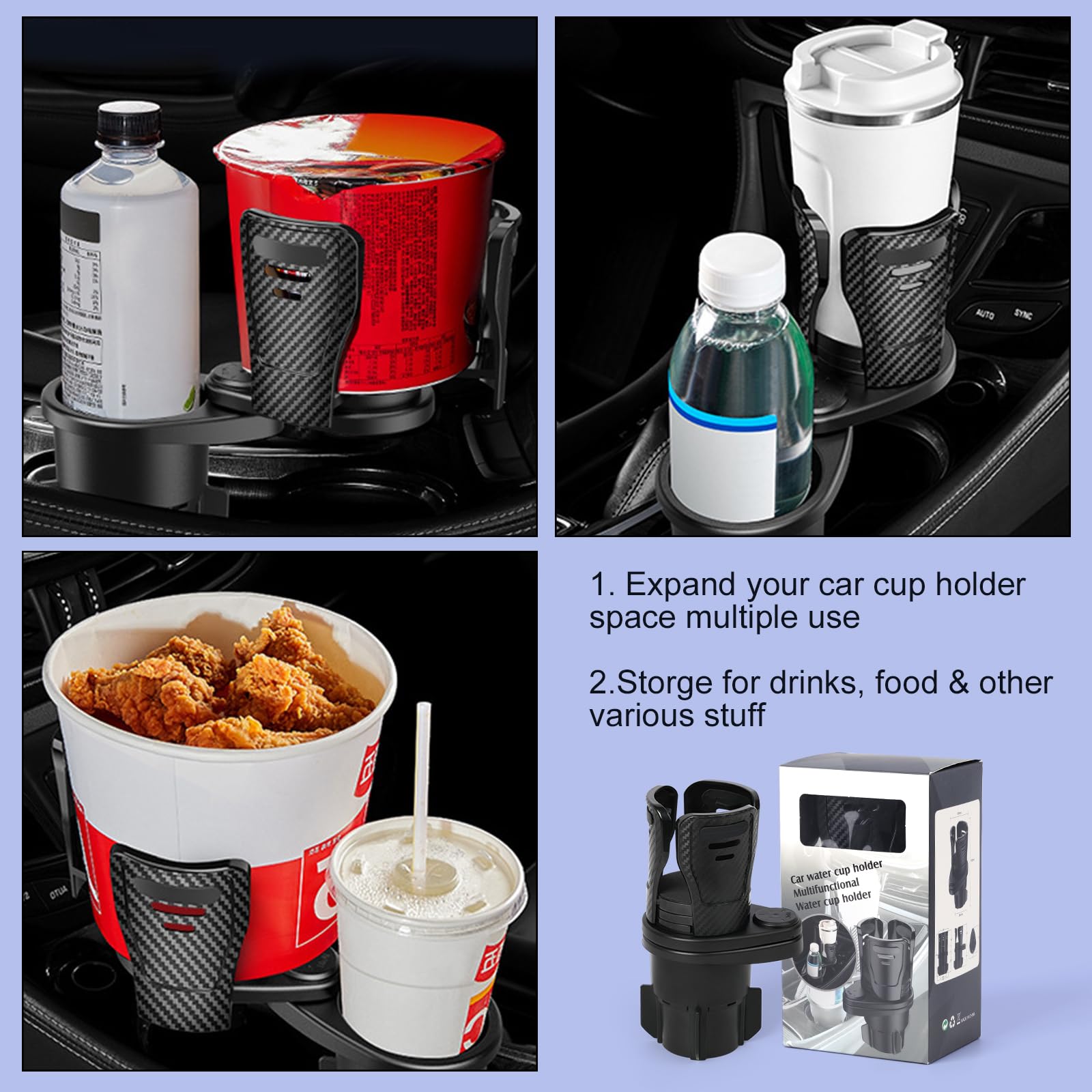 Dual Cup Holder Expander with 360° Rotating Tray – Adjustable Drink & Snack Organizer for Cars, Trucks, SUVs and RVs (Black)