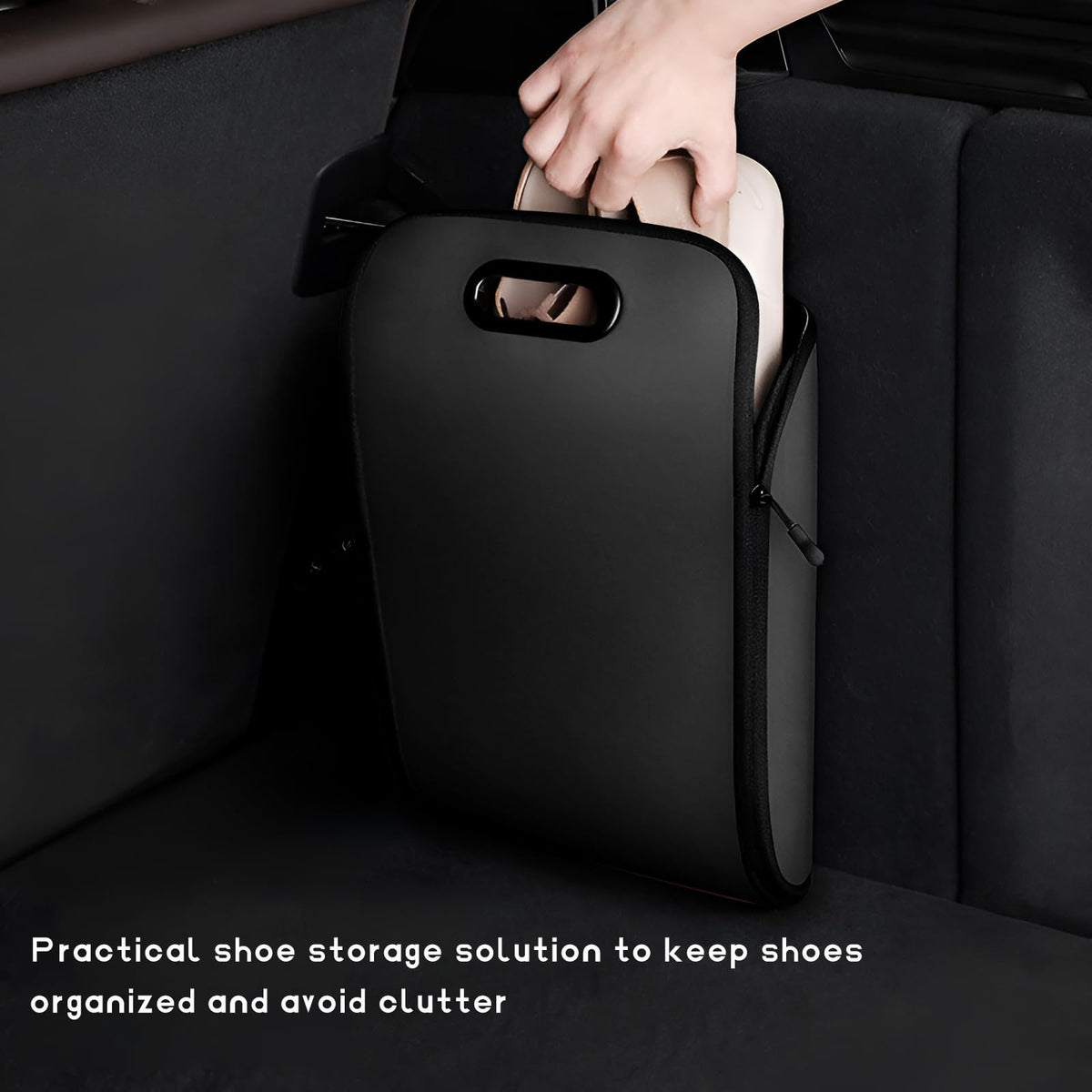 Car Shoe Storage Box – Portable Leather-Look Organizer for Passenger Seat or Trunk, Dustproof and Moisture-Resistant with Zipper and Handle (Black)