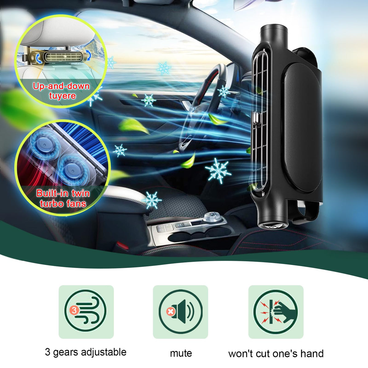 Car Seat Cooling Fan with USB Power – Portable Headrest Ventilator for Front & Rear Seats, 3-Speed Quiet Airflow, Ideal for Cars, SUVs, Trucks, Office Chairs (Black)
