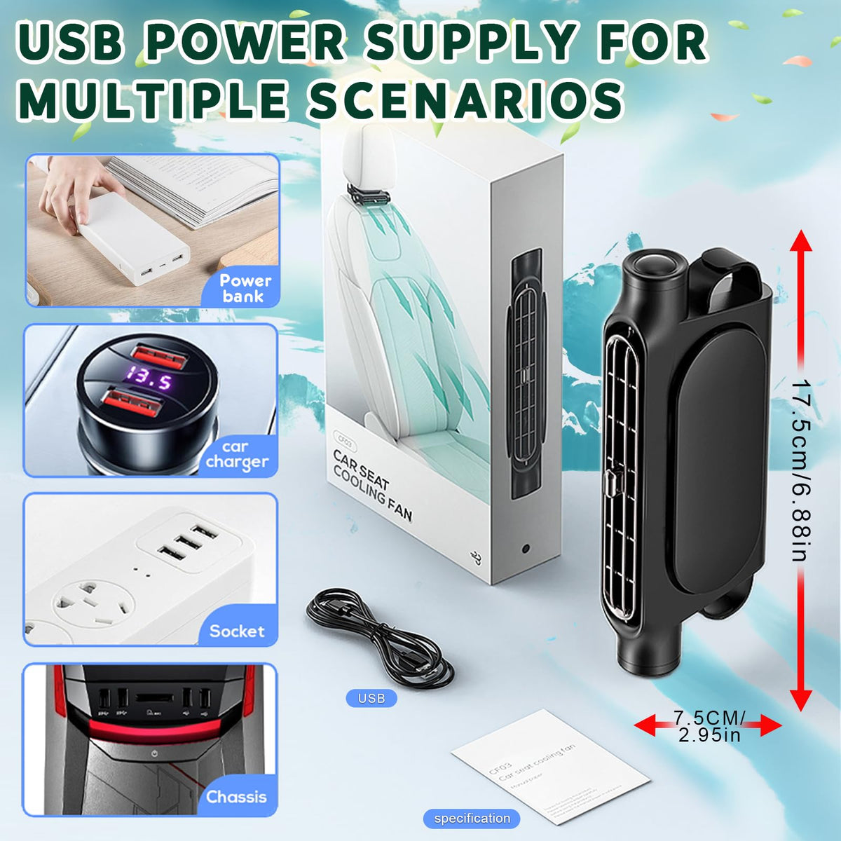 Car Seat Cooling Fan with USB Power – Portable Headrest Ventilator for Front & Rear Seats, 3-Speed Quiet Airflow, Ideal for Cars, SUVs, Trucks, Office Chairs (Black)