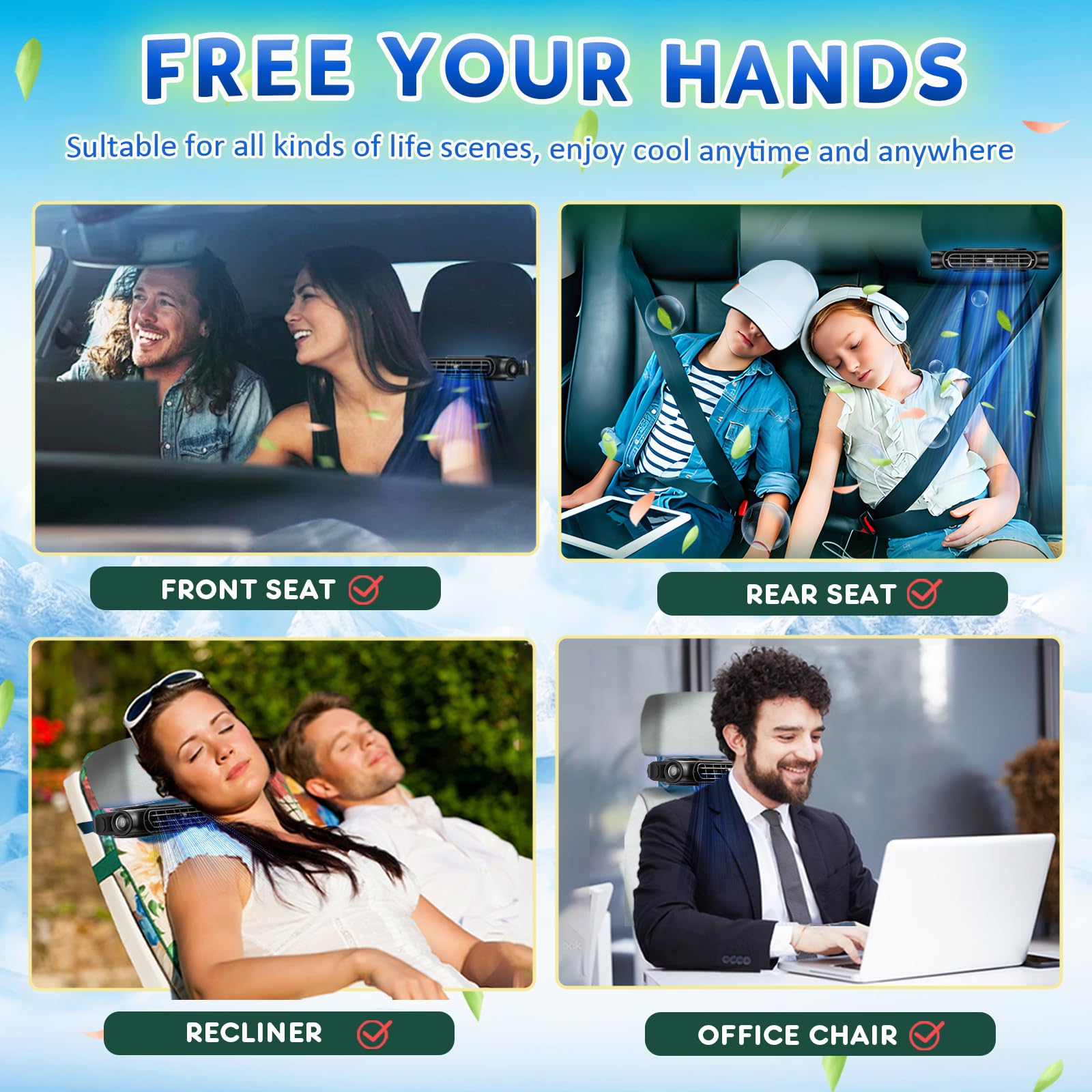 Car Seat Cooling Fan with USB Power – Portable Headrest Ventilator for Front & Rear Seats, 3-Speed Quiet Airflow, Ideal for Cars, SUVs, Trucks, Office Chairs (Black)