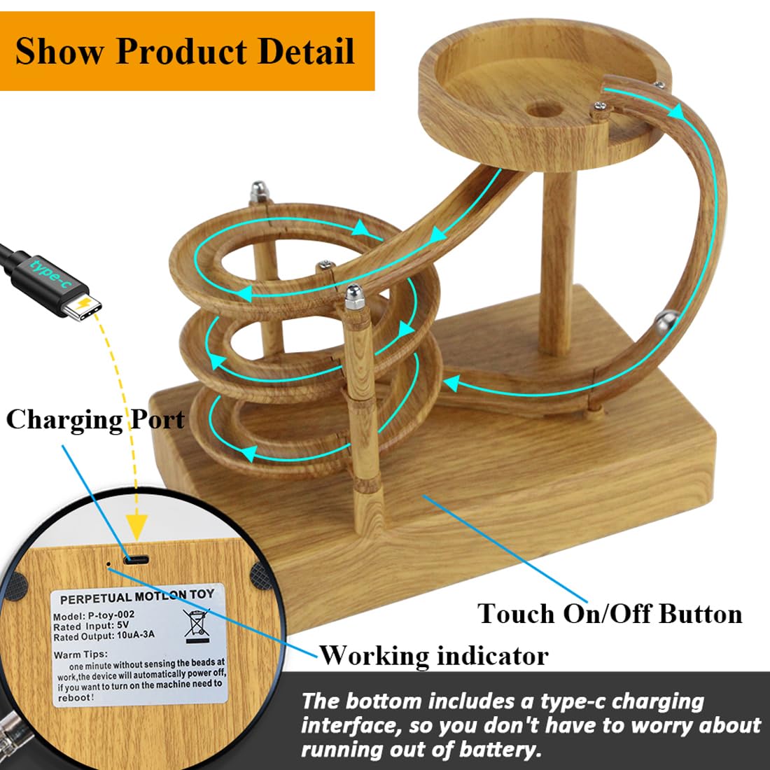 Electromagnetic Perpetual Motion Toy with Built-in Battery – Scientific Desk Decor, Stress Relief &amp; Cat Play Item, Continuous Rolling Ball Art (Wooden)