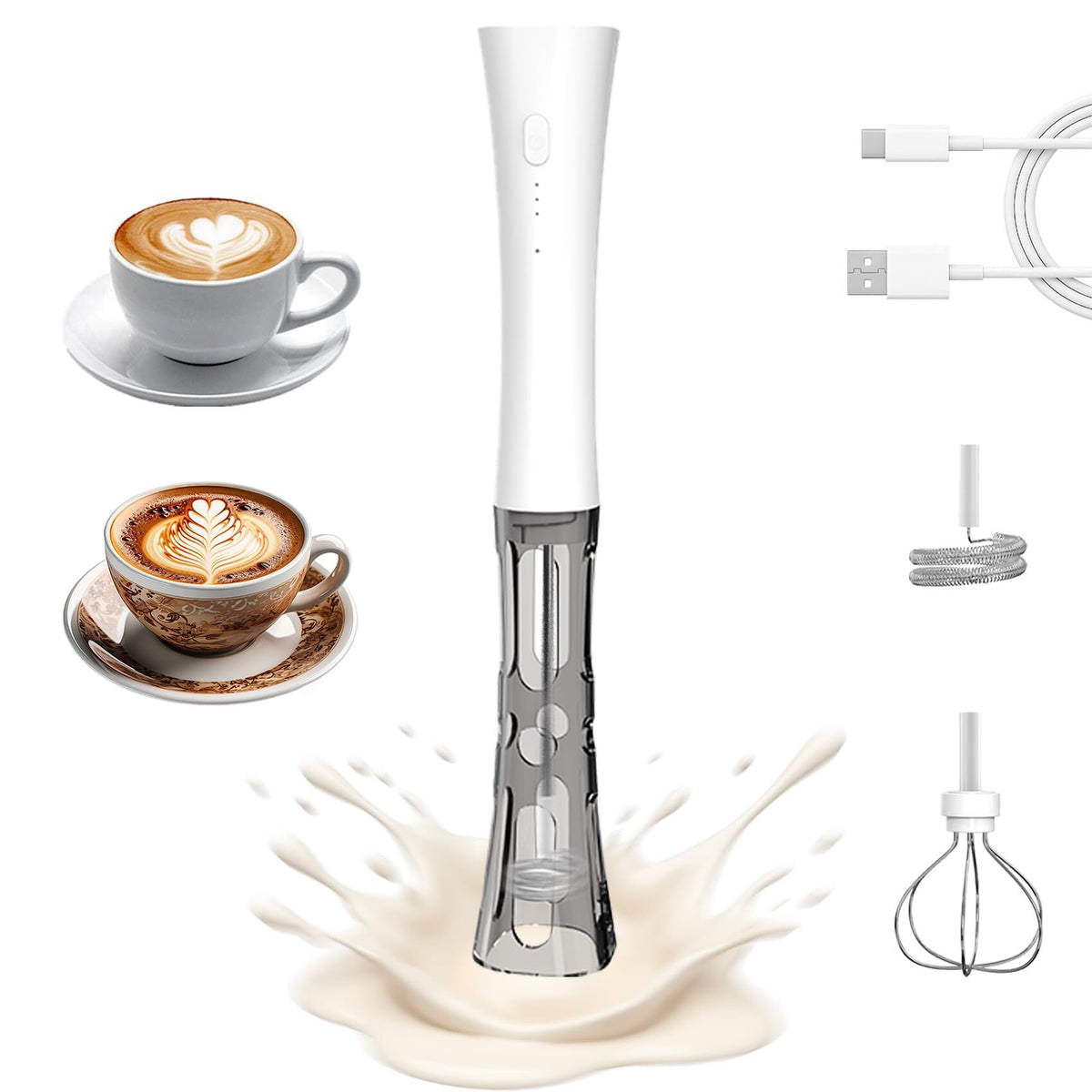 White Hands-Free Milk Frother – 2000mAh Rechargeable Coffee &amp; Drink Mixer for Latte, Cappuccino, Matcha &amp; More | Perfect for Home, Office &amp; Travel