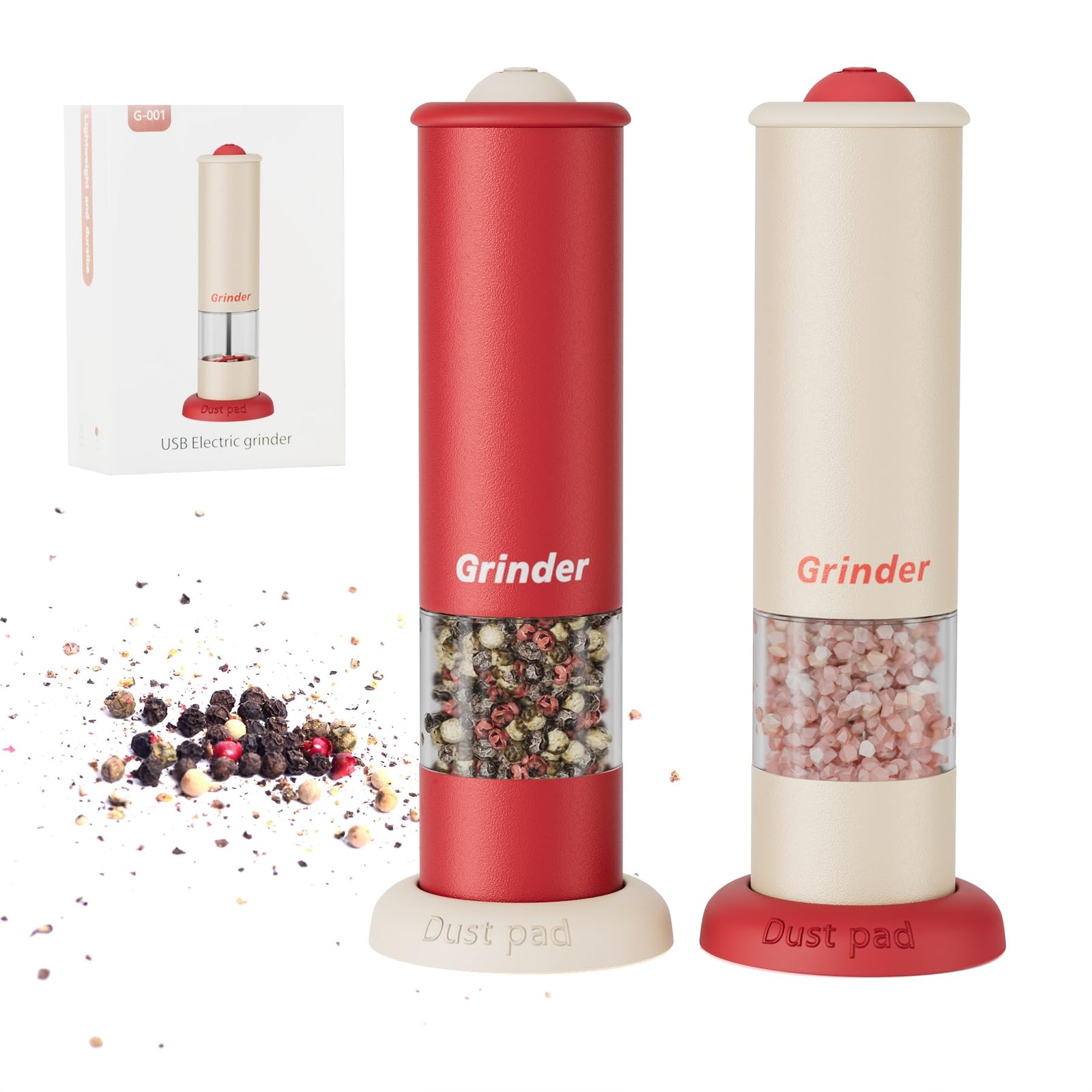 High-Performance USB-C Electric Pepper & Salt Grinder Set – Adjustable Coarseness, One-Touch Operation – Ceramic Grinding, Washable, Fast Charging – Kitchen Essential (Red & White)