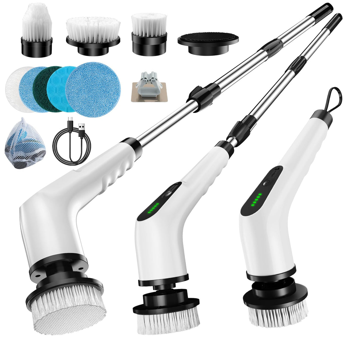 Wireless Electric Cleaning Brush with 8 Replaceable Heads – Adjustable Extendable Handle for Bathroom, Kitchen, Tiles &amp; Car (White)
