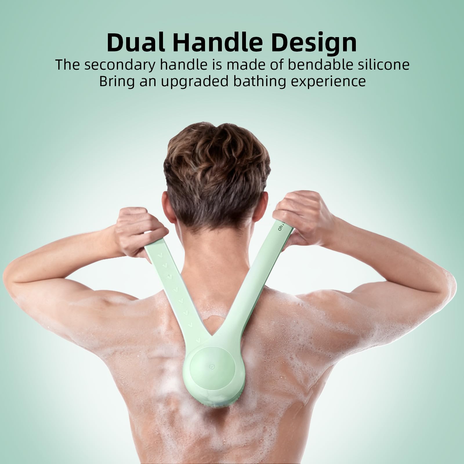 Electric Body Brush with Dual Handles – Waterproof Rotating Bath Scrubber, 3 Replaceable Heads, USB-C Charging, 2 Speeds(Green)