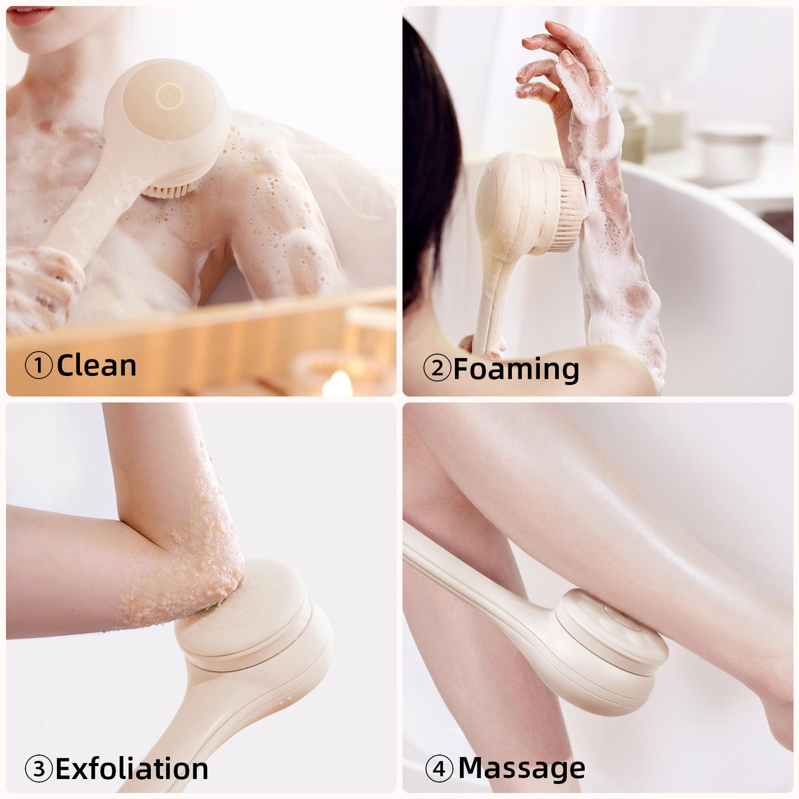 Electric Body Brush with Dual Handles – Waterproof Rotating Bath Scrubber, 3 Replaceable Heads, USB-C Charging, 2 Speeds(Milk coffee)