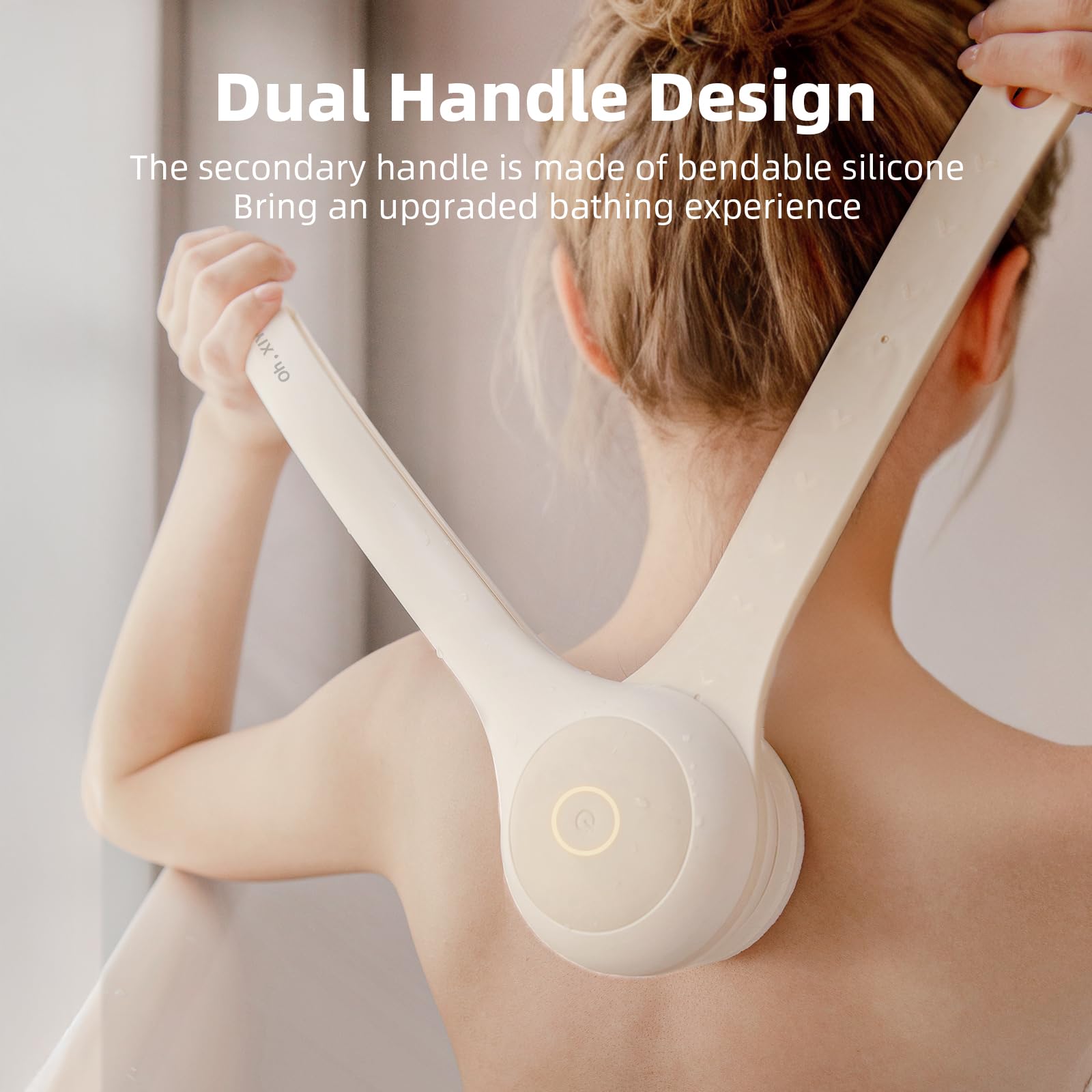 Electric Body Brush with Dual Handles – Waterproof Rotating Bath Scrubber, 3 Replaceable Heads, USB-C Charging, 2 Speeds(Milk coffee)