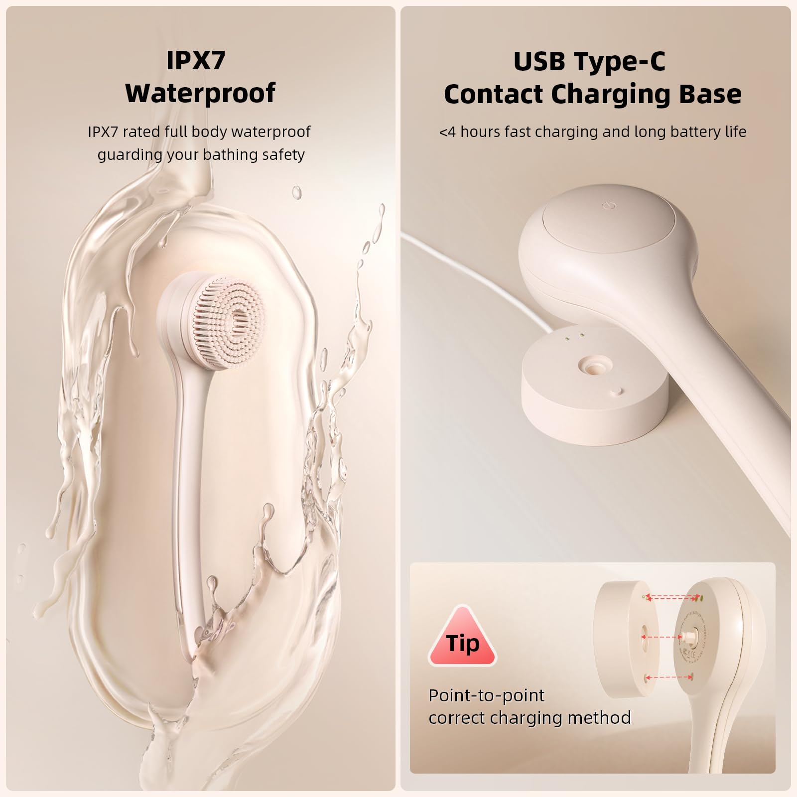 Electric Body Brush with Dual Handles – Waterproof Rotating Bath Scrubber, 3 Replaceable Heads, USB-C Charging, 2 Speeds(Milk coffee)