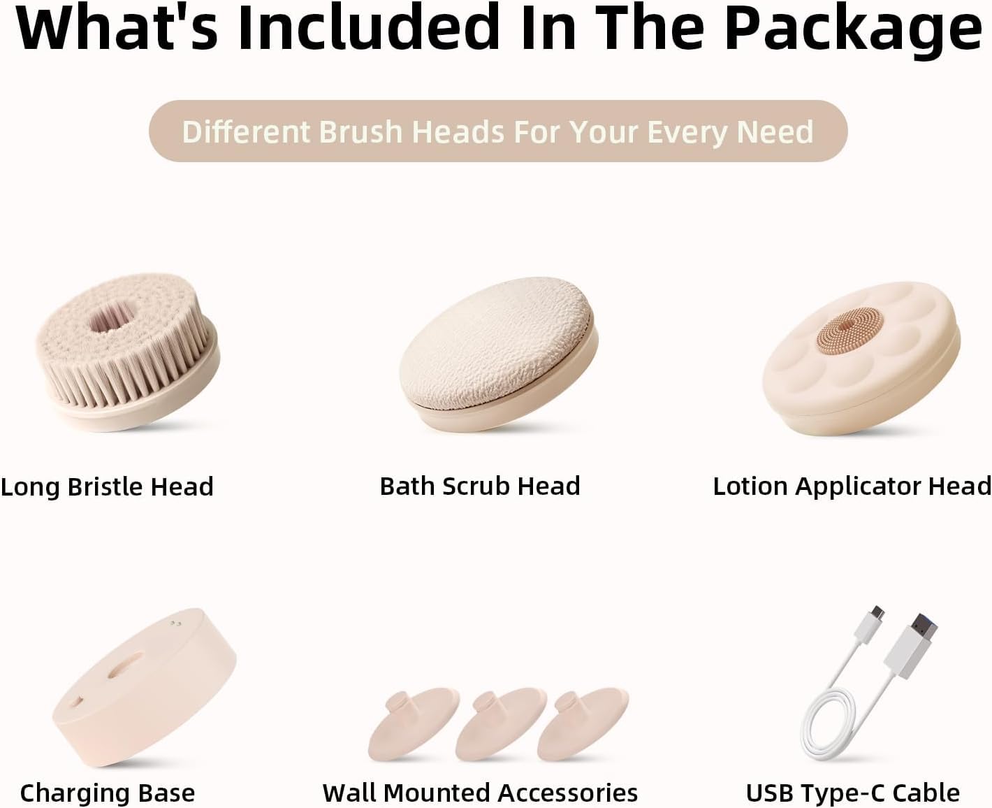 Electric Body Brush with Dual Handles – Waterproof Rotating Bath Scrubber, 3 Replaceable Heads, USB-C Charging, 2 Speeds(Milk coffee)