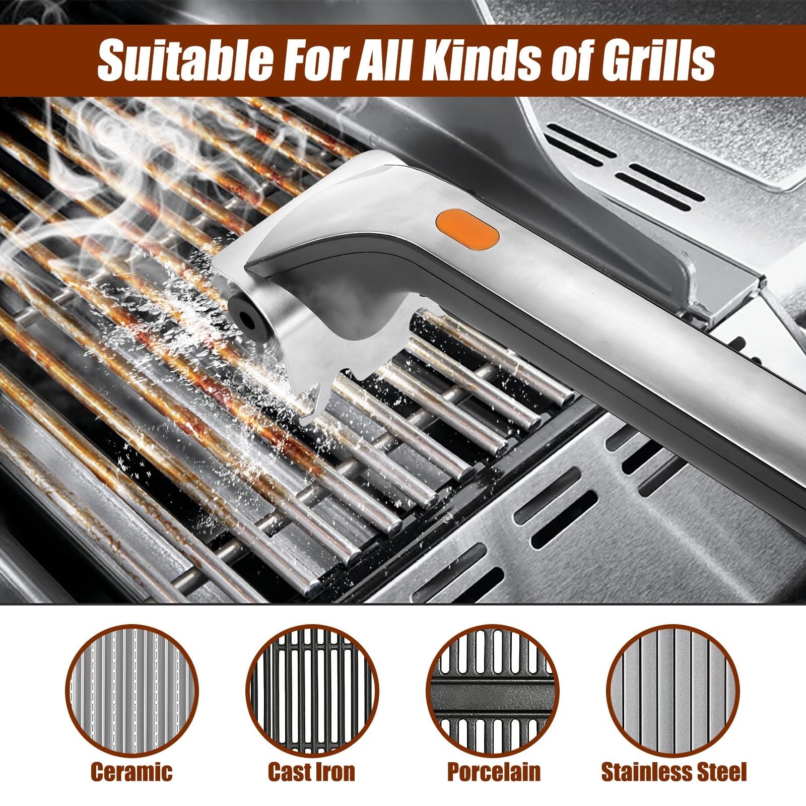 Electric Steam Grill Brush with Stainless Steel Bristles & 3000mAh Rechargeable Battery – Powerful BBQ Cleaner for All Grills, Indoor and Outdoor Use (Grey)