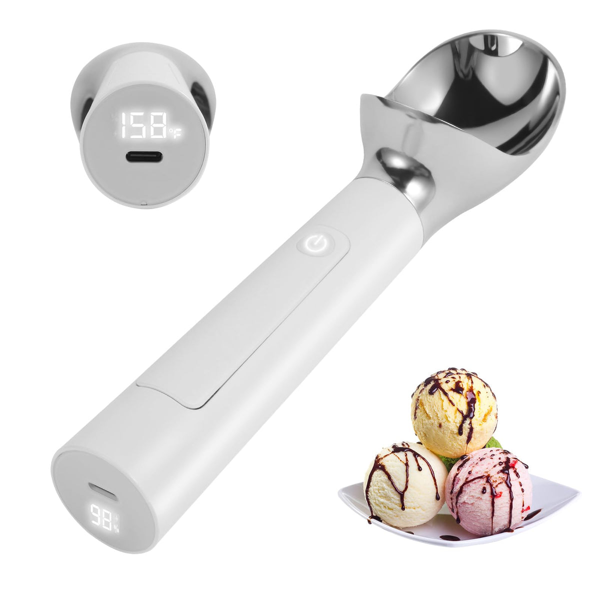 Heated Ice Cream Scoop with LED Display &amp; 3400mAh Battery – Rechargeable, IP67 Waterproof, Instant Heating for Hard Ice Cream, Suitable for Home and Commercial Use (White)