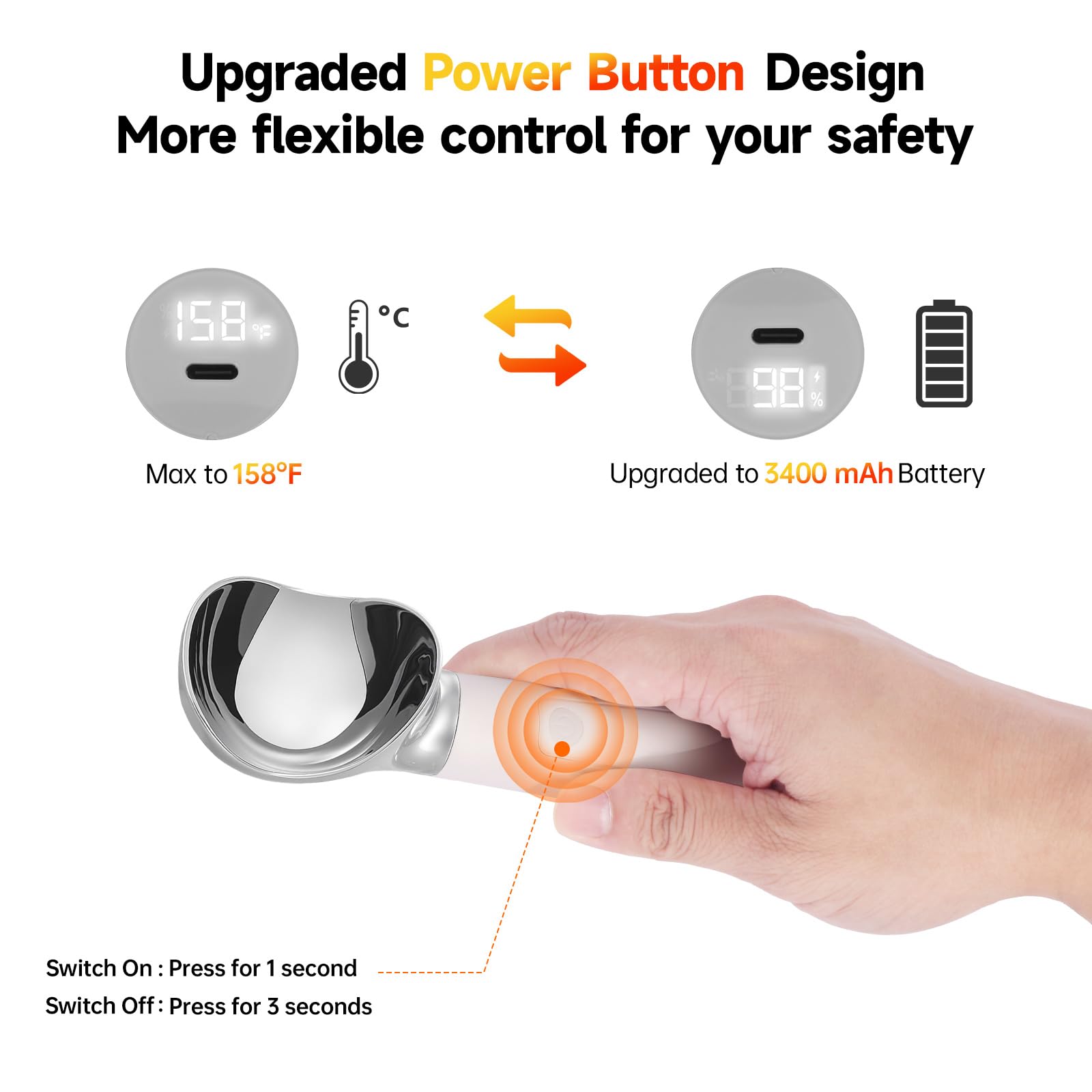 Heated Ice Cream Scoop with LED Display & 3400mAh Battery – Rechargeable, IP67 Waterproof, Instant Heating for Hard Ice Cream, Suitable for Home and Commercial Use (White)