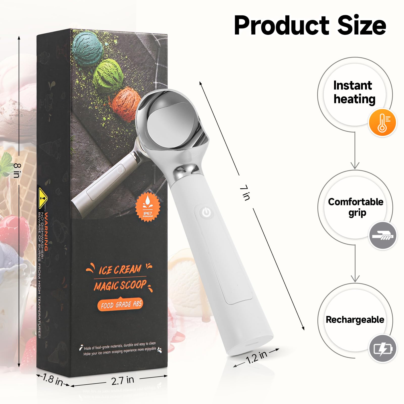 Heated Ice Cream Scoop with LED Display & 3400mAh Battery – Rechargeable, IP67 Waterproof, Instant Heating for Hard Ice Cream, Suitable for Home and Commercial Use (White)