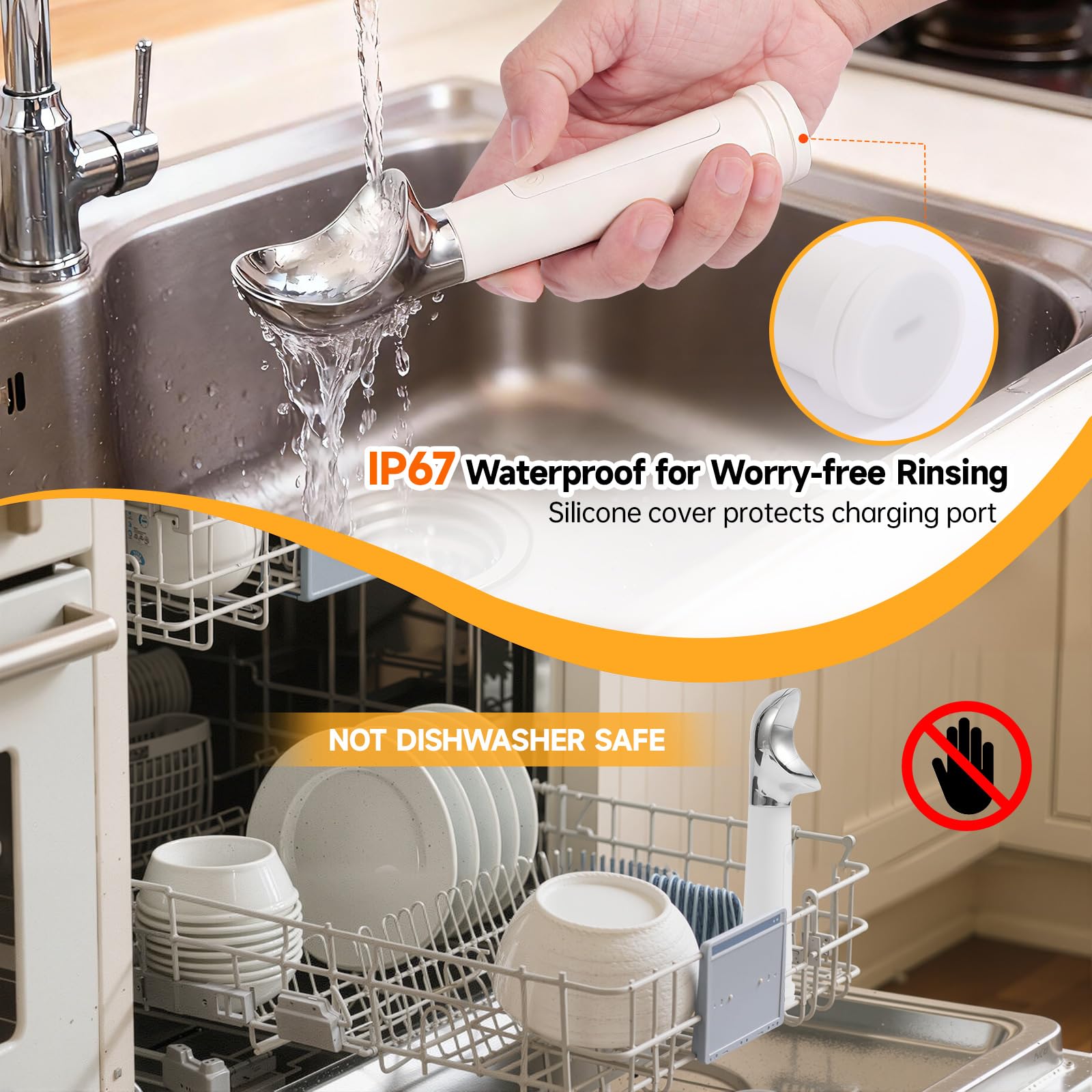 Heated Ice Cream Scoop with LED Display & 3400mAh Battery – Rechargeable, IP67 Waterproof, Instant Heating for Hard Ice Cream, Suitable for Home and Commercial Use (White)