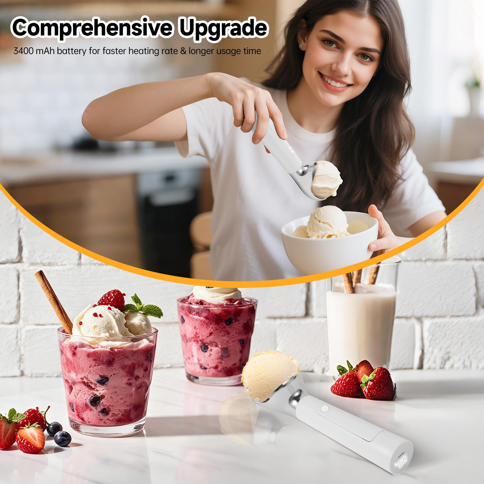 Heated Ice Cream Scoop with LED Display & 3400mAh Battery – Rechargeable, IP67 Waterproof, Instant Heating for Hard Ice Cream, Suitable for Home and Commercial Use (White)
