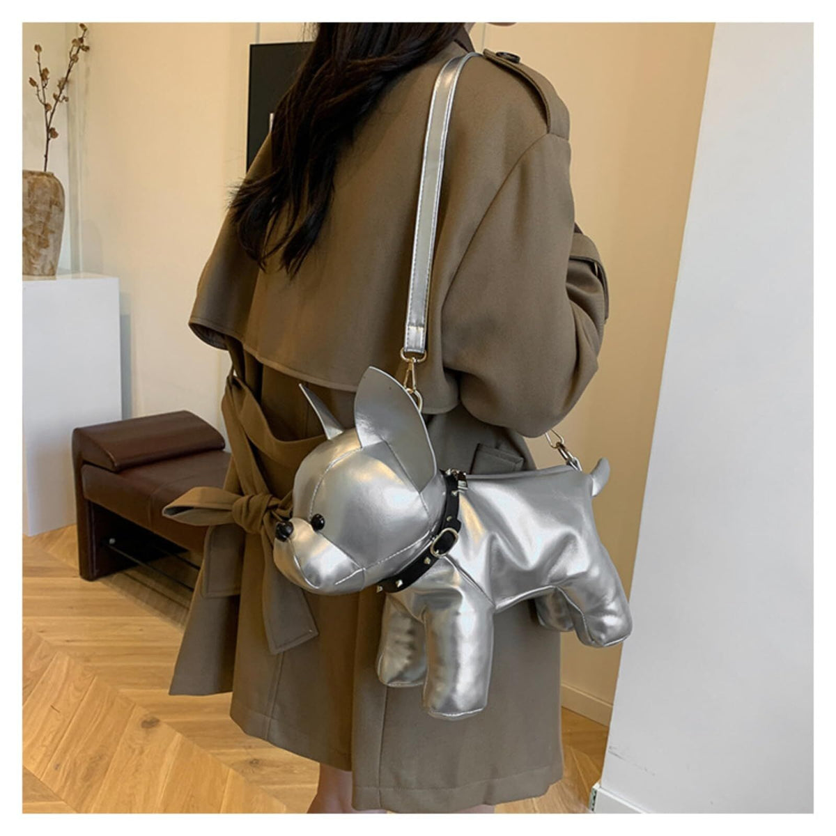 French Bulldog Shaped Bag – Cute Animal Crossbody Shoulder Bag with Adjustable Strap, PU Leather Dog Backpack for Women, Fashion Statement Accessory (Silver)