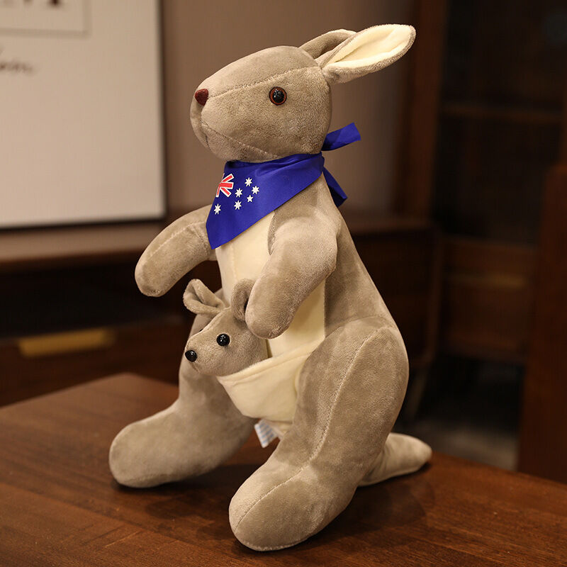 Kangaroo Stuffed Animal with Joey in Pouch &amp; Australia Scarf - Soft Cuddly Plush Toy(32cm, light grey)| Other Colors Available in Store