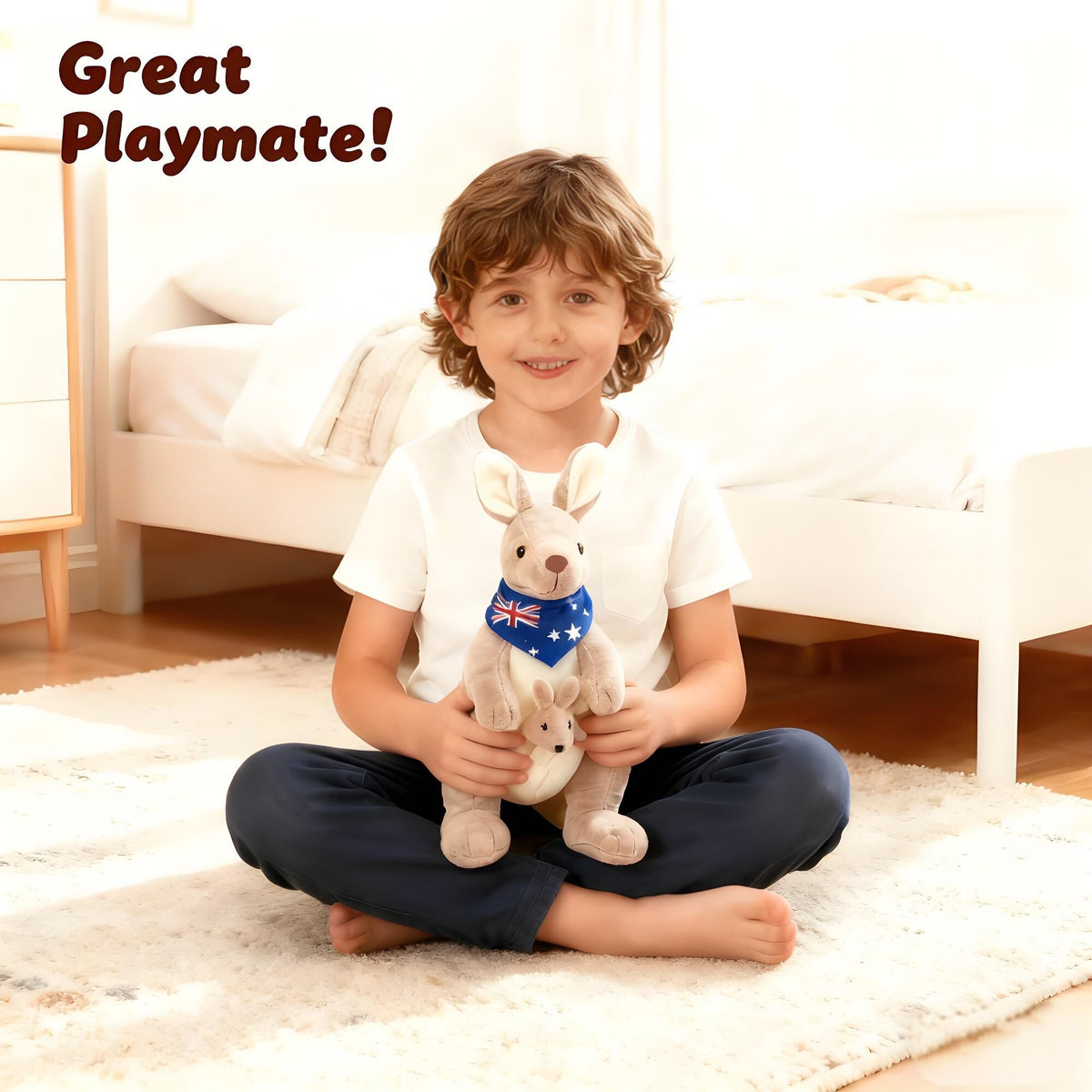 Kangaroo Stuffed Animal with Joey in Pouch & Australia Scarf - Soft Cuddly Plush Toy(55cm, light grey)| Other Colors Available in Store