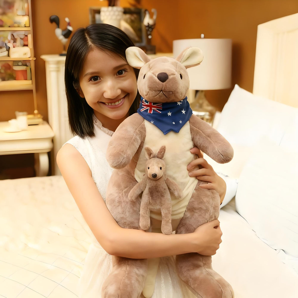 Kangaroo Stuffed Animal with Joey in Pouch & Australia Scarf - Soft Cuddly Plush Toy(55cm, light grey)| Other Colors Available in Store