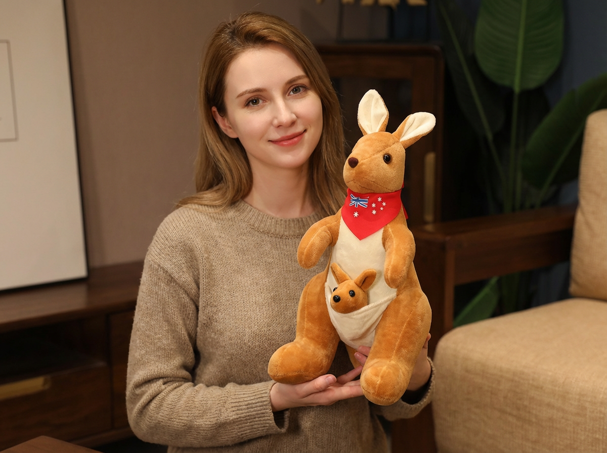 Kangaroo Stuffed Animal with Joey in Pouch & Australia Scarf - Soft Cuddly Plush Toy(32cm,light brown
)| Other Colors Available in Store